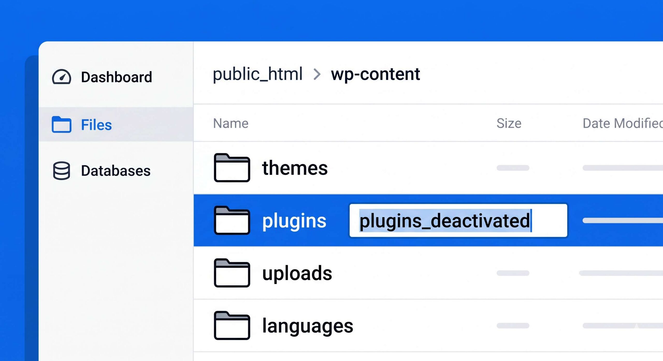 Renaming the WordPress plugins folder in File Manager.