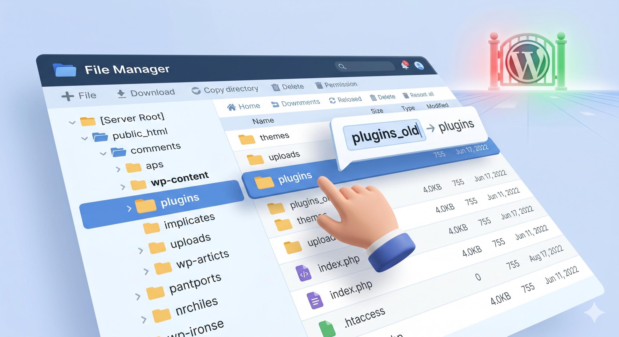 Renaming the 'plugins' folder in cPanel File Manager to deactivate plugins.