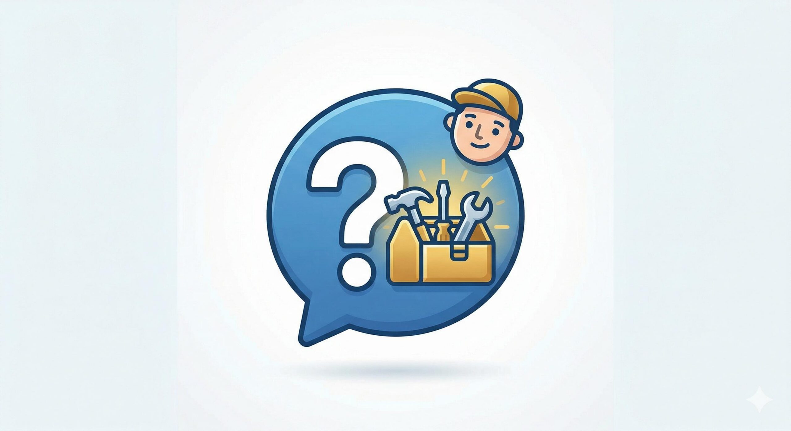 Simple illustrative icon of a help bubble with question mark and toolbox for FAQ section.