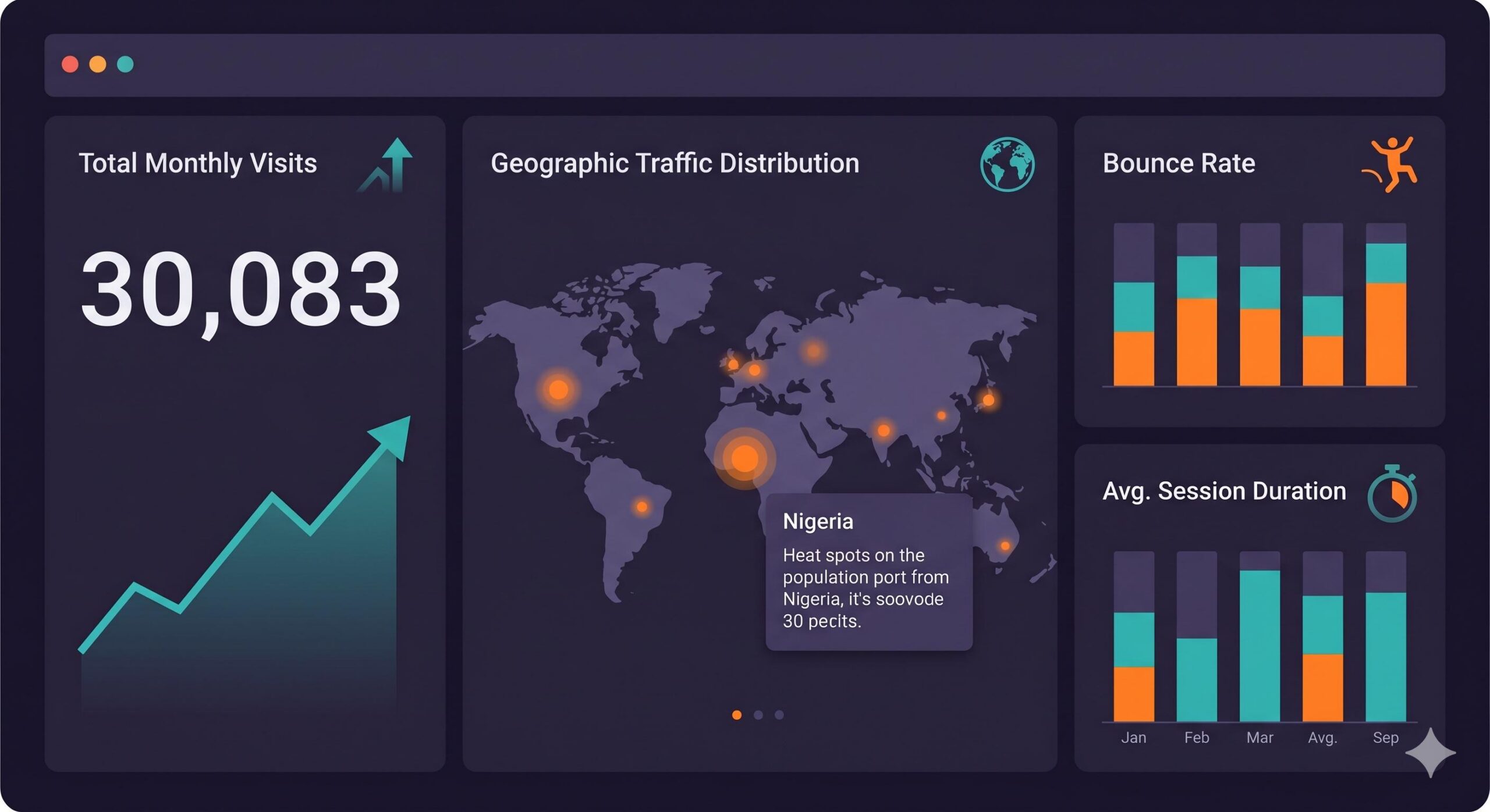 Simplified analytics dashboard interface showing key traffic metrics_ total visits, session duration, and geographic map.