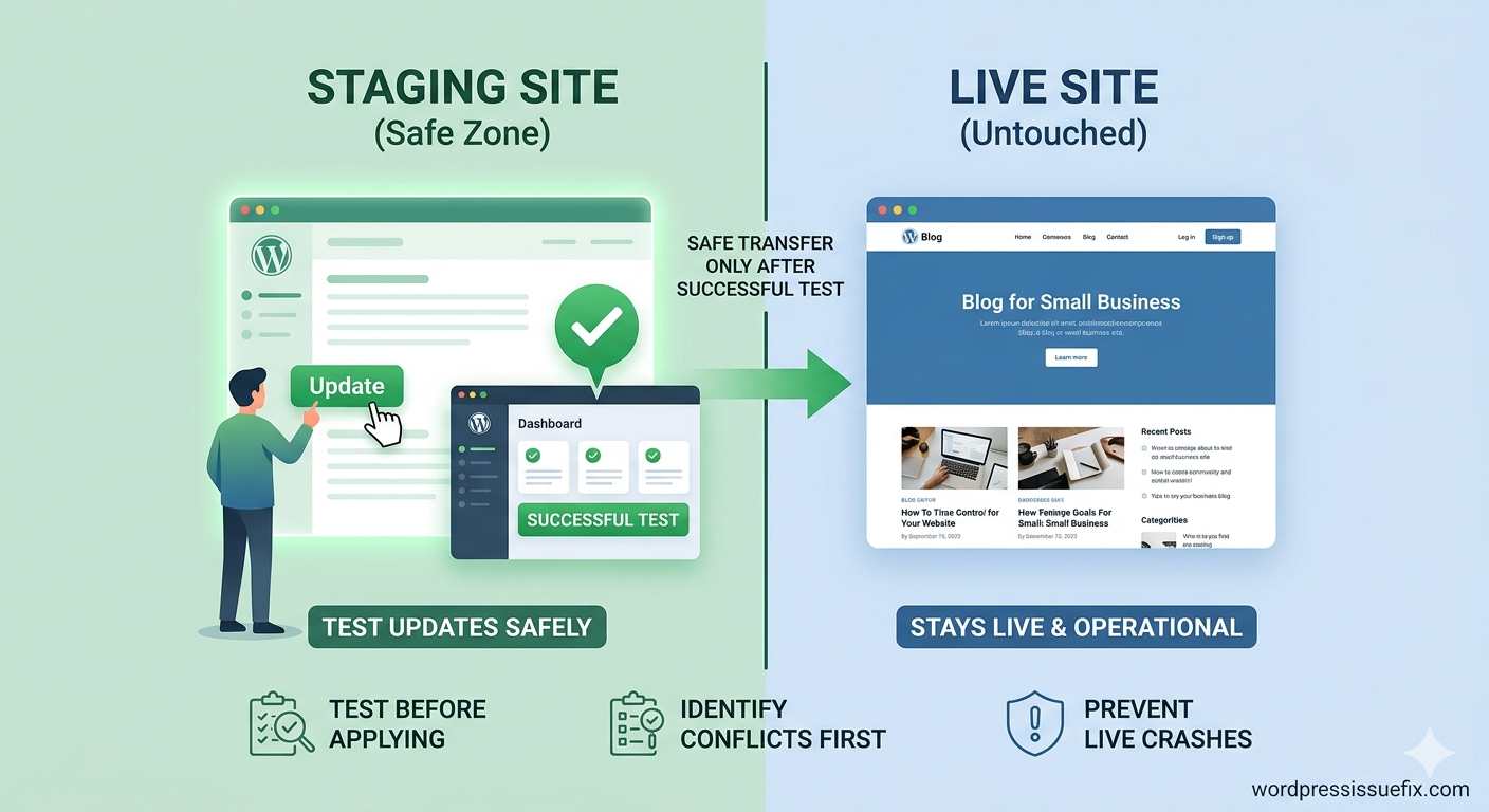 Split-screen infographic showing how updates are tested on a safe staging site before the live site is affected.