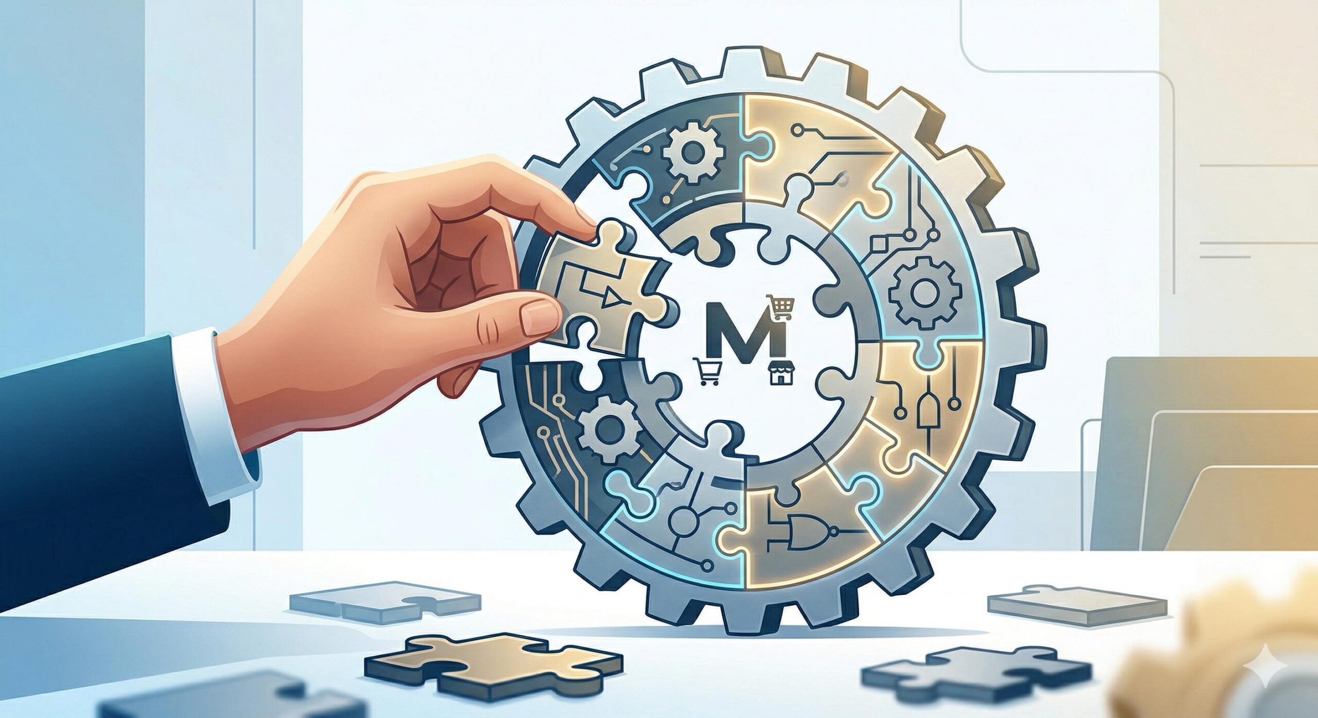 Stylized vector illustration of logic puzzle pieces representing structured problem-solving for plugin conflicts.