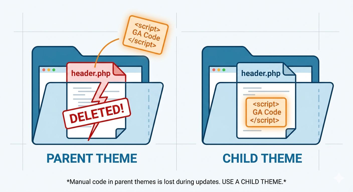 Technical illustration of a WordPress theme update overwriting custom header.php code.