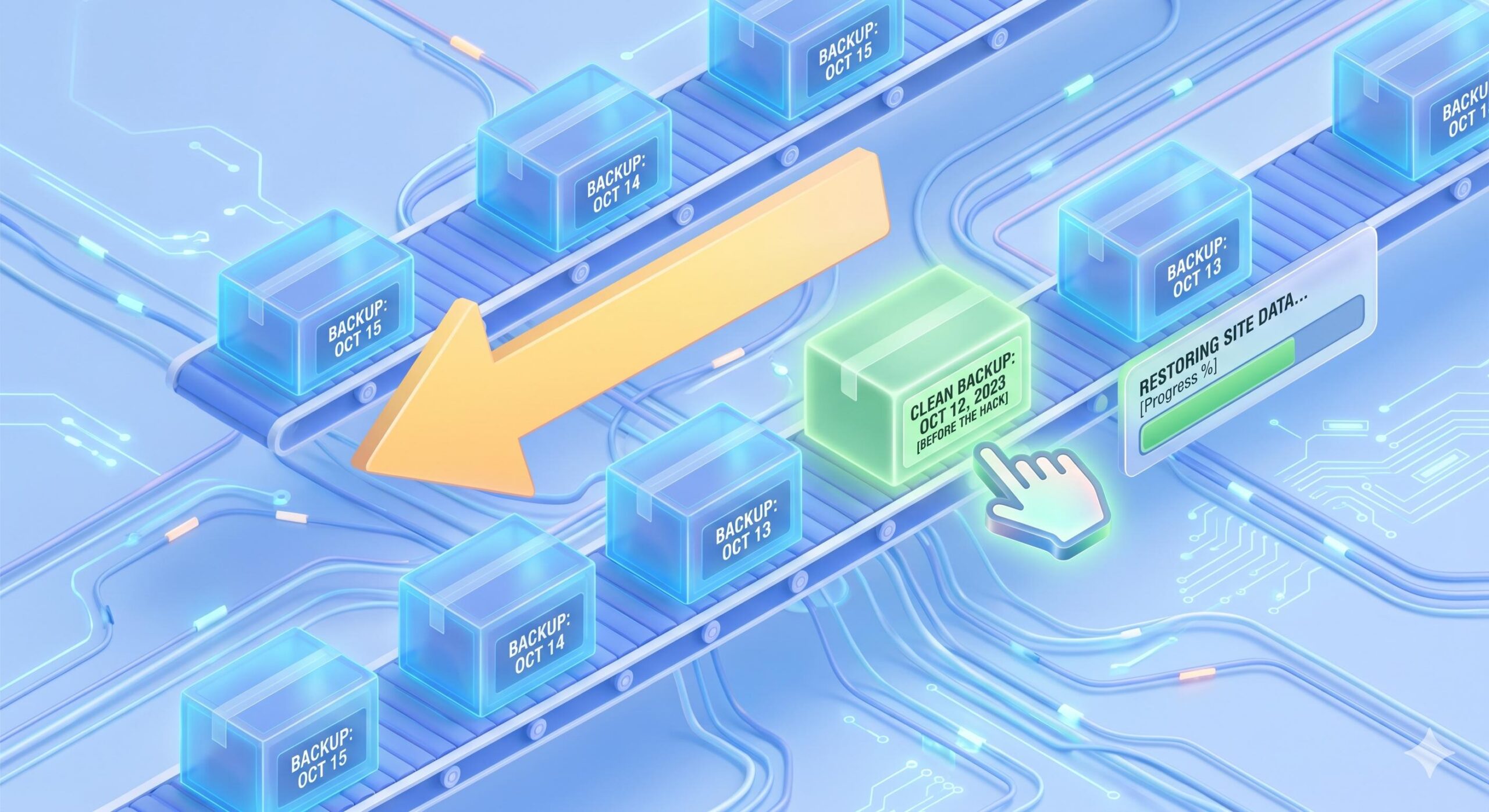 The background is a soft blue network of data streams. Modern 3D isometric design, soft colors.
