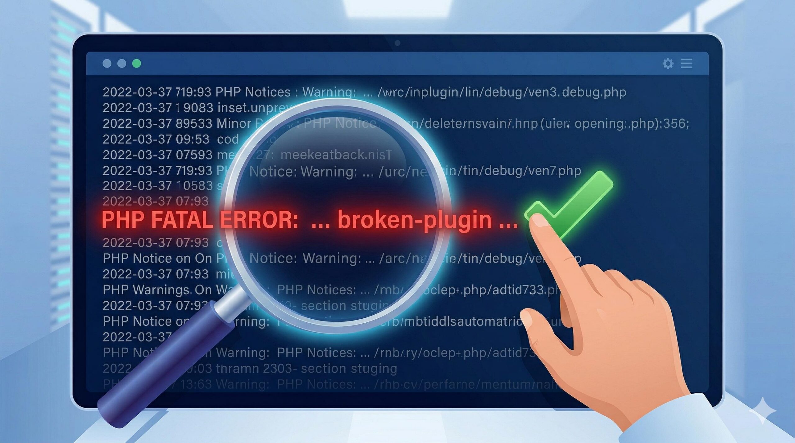 Using a magnifying glass to isolate fatal errors within the WordPress log file.