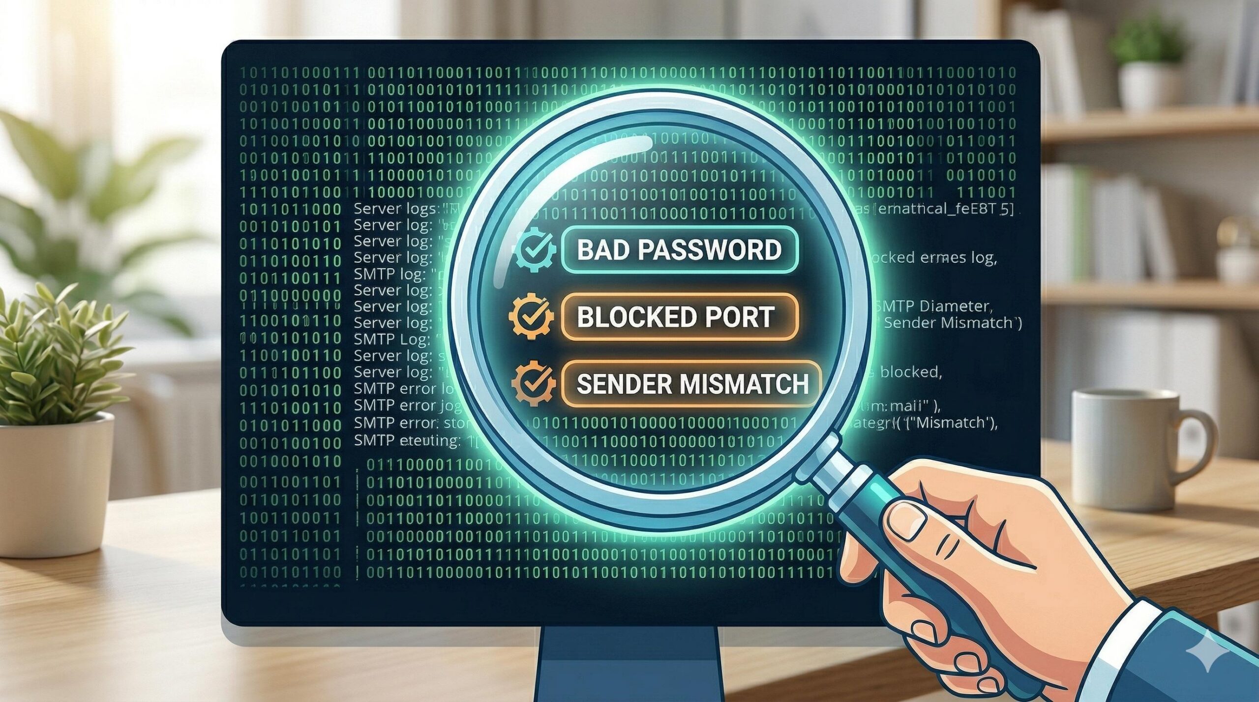 Using a magnifying glass to translate complex server codes into clear email errors.