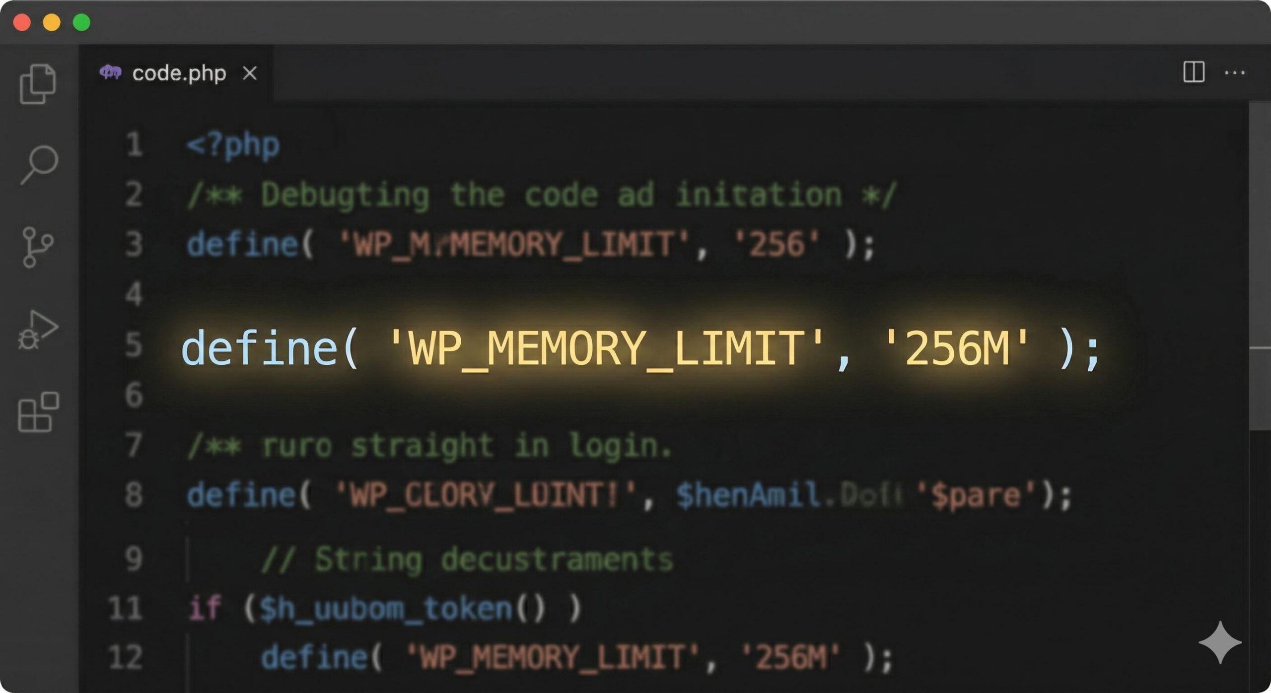 Visual highlight of the WP_MEMORY_LIMIT code line in a text editor.