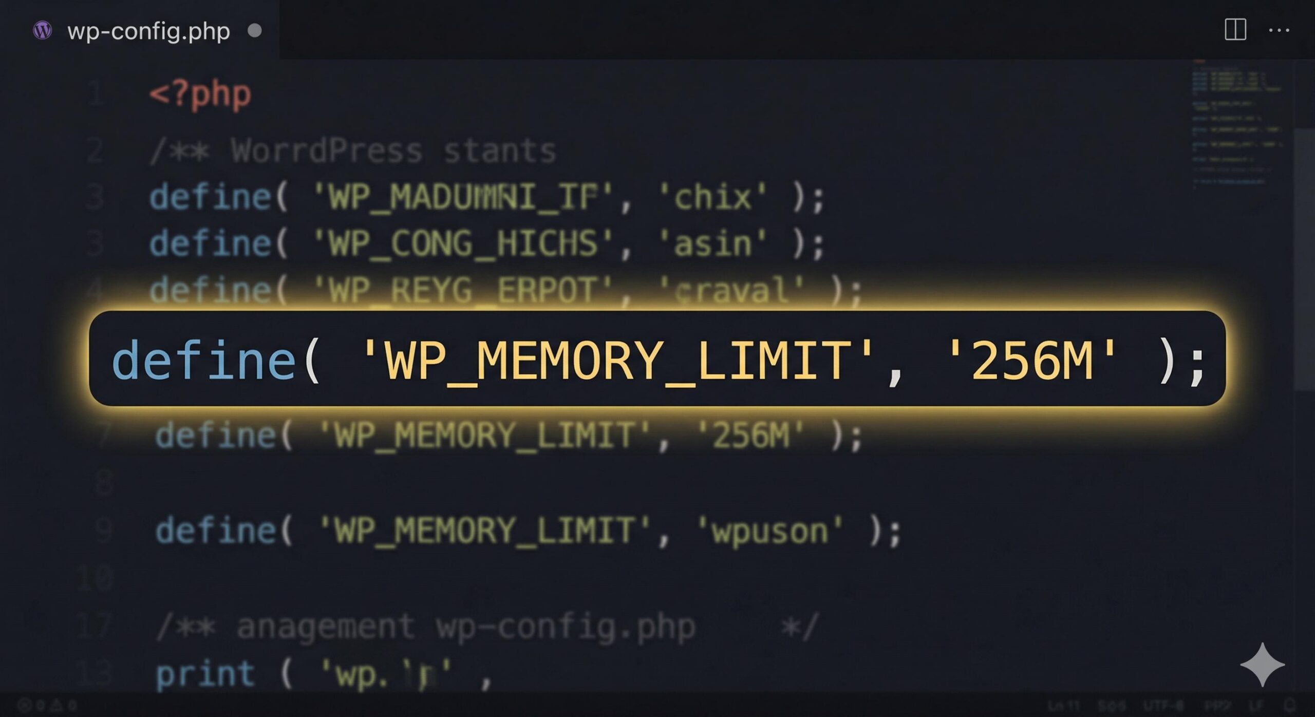 Visual highlight of the WP_MEMORY_LIMIT code line in a text editor. (1)