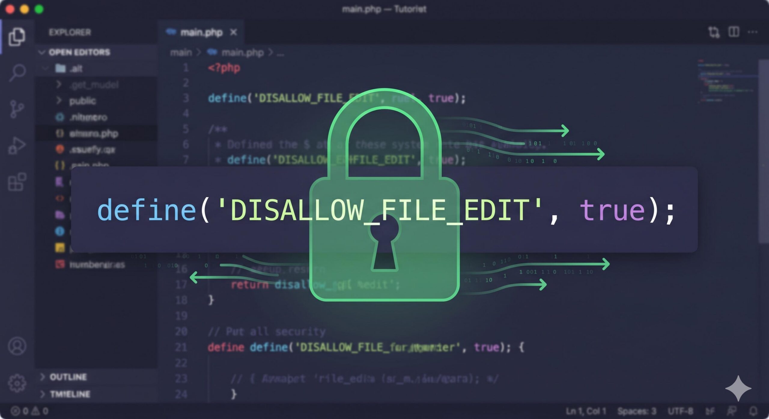 Visual highlight of the code to disable the WordPress file editor.