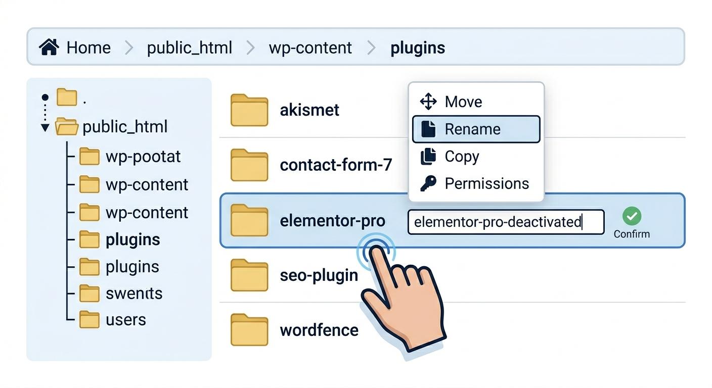Visual representation of using File Manager to rename a broken plugin folder.