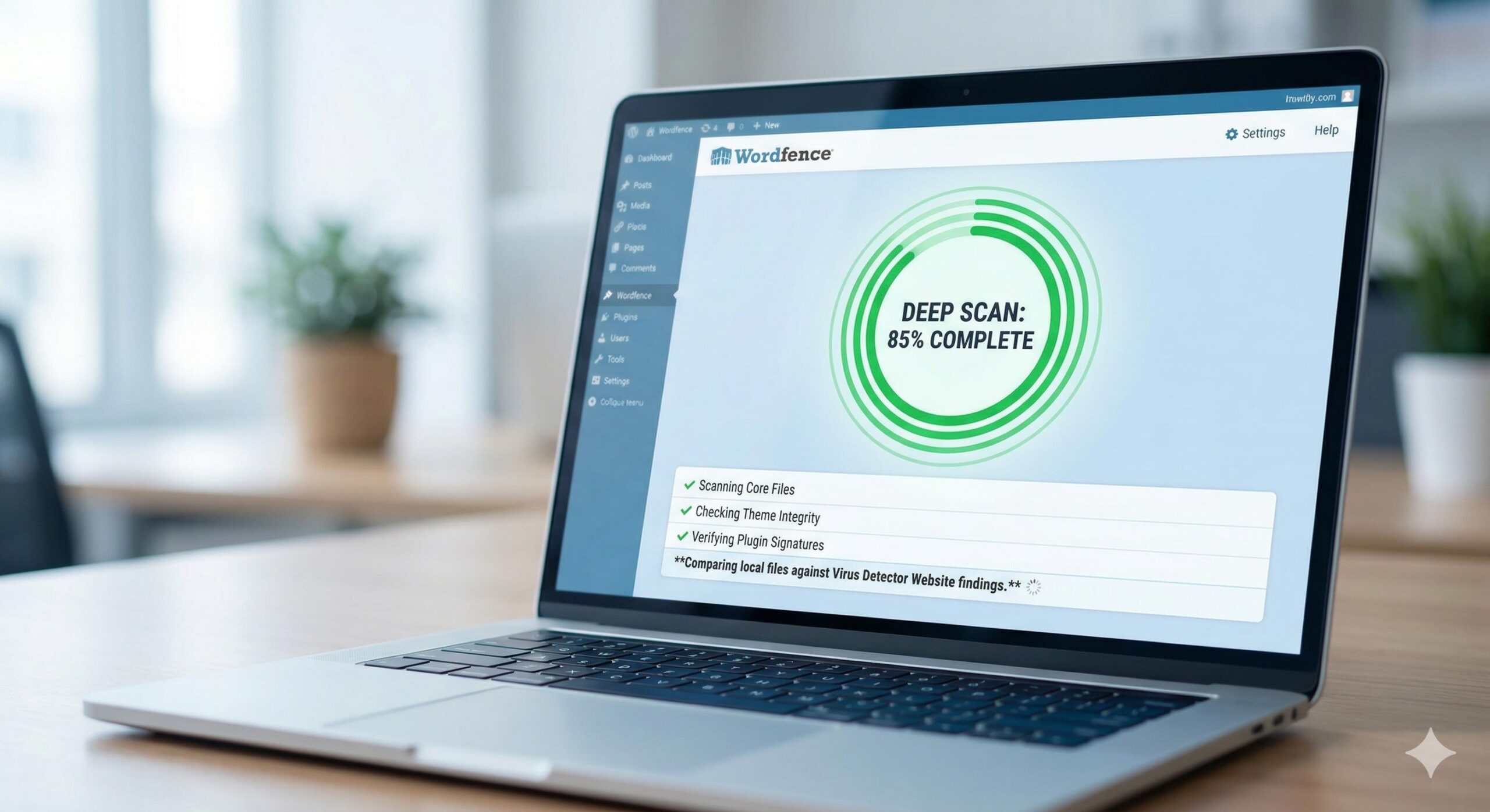 WordPress security dashboard running a deep malware scan.