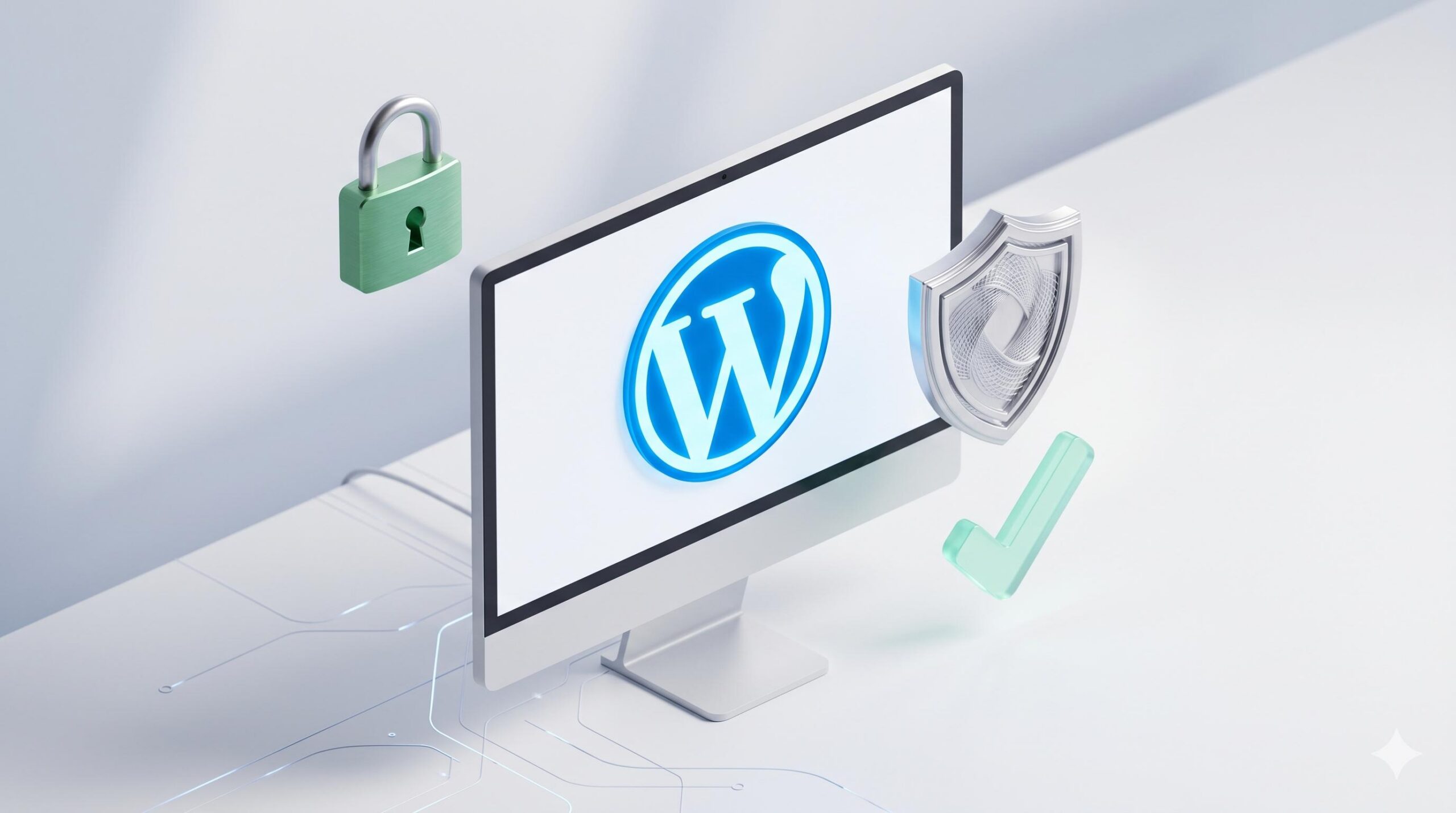 3D illustration of a WordPress logo protected by a shield and padlock.