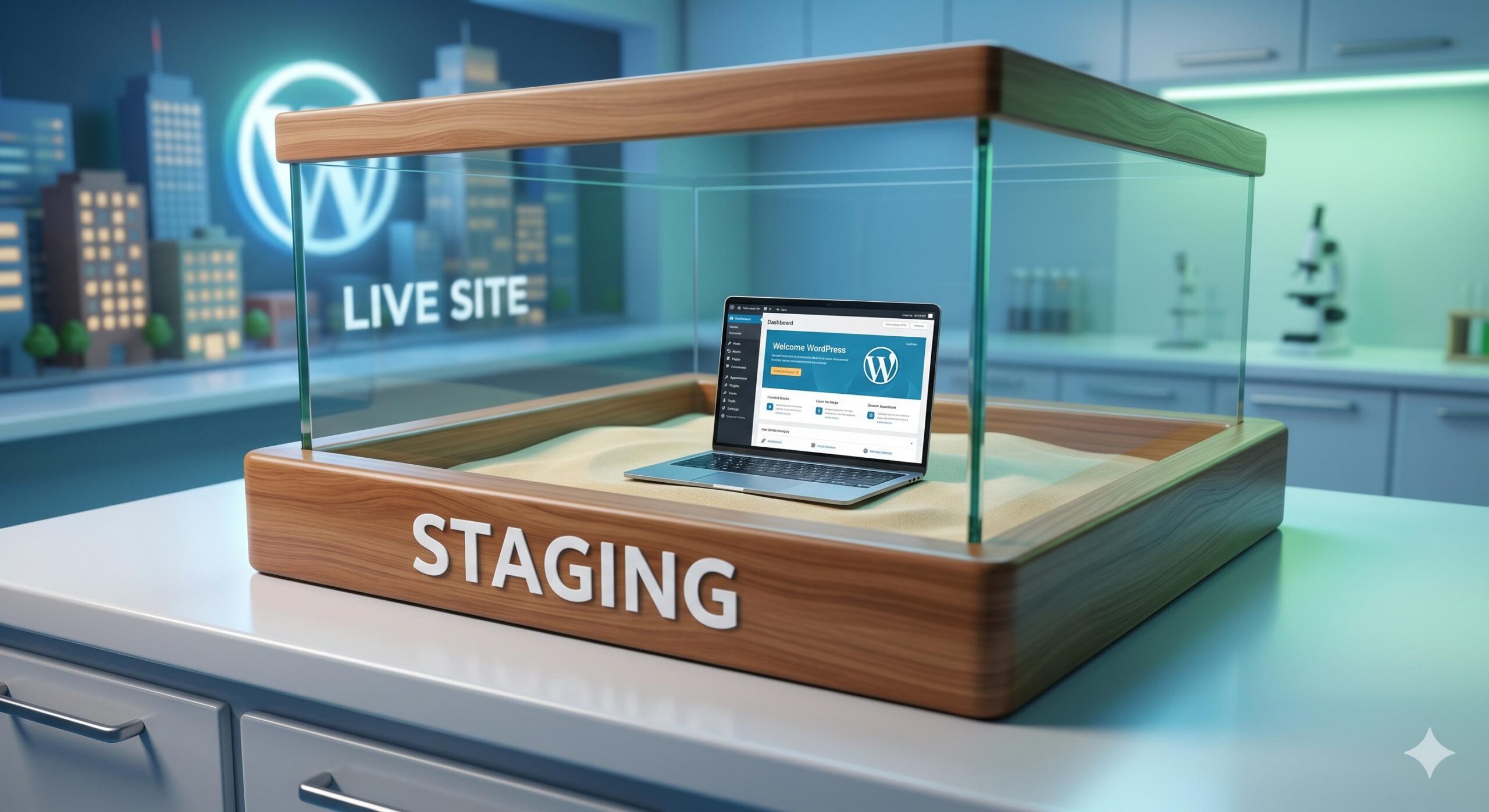 A 3D illustration of a secure _staging_ sandbox isolating a test WordPress site from the live site.