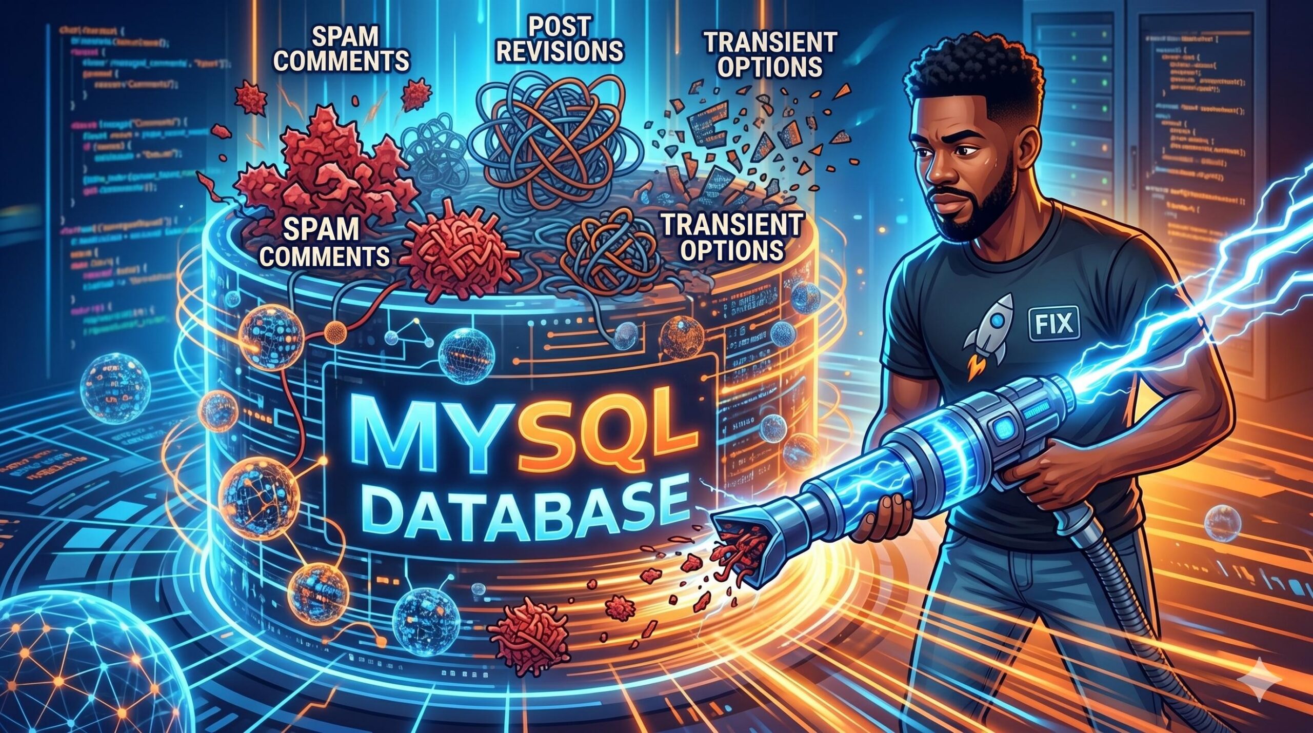 A WordPress specialist using a digital vacuum tool to remove clutter and speed up a glowing MySQL database core.