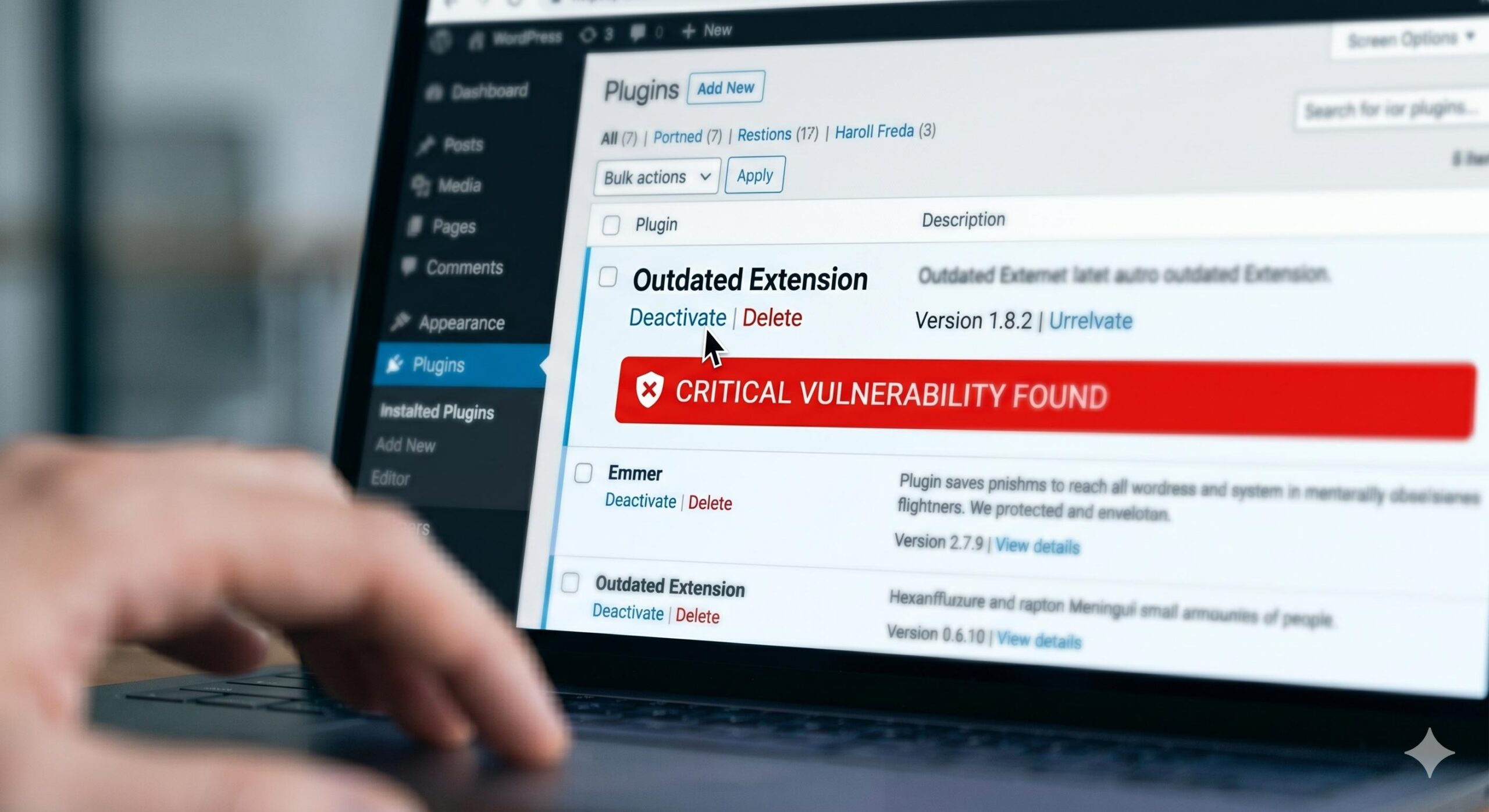 A close-up of a WordPress Plugins page showing a critical security warning on an outdated extension