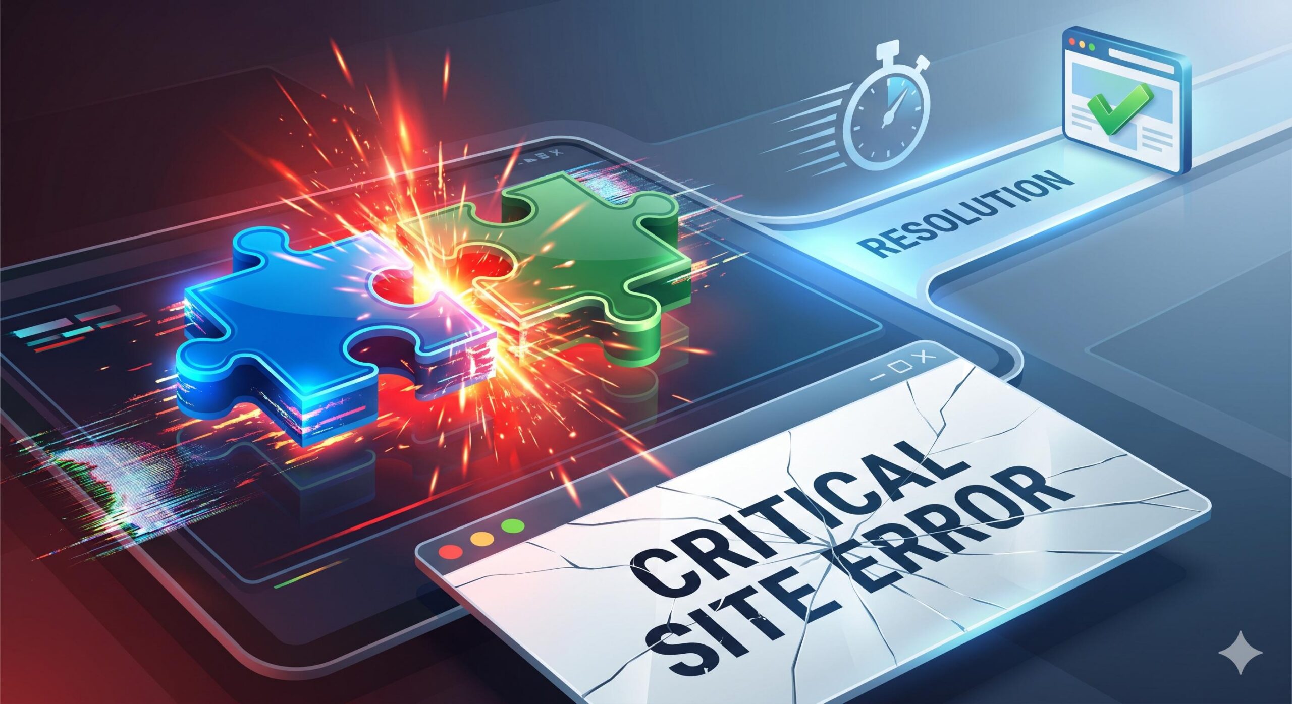 A dramatic illustration of two conflicting WordPress plugins clashing and sparking on a glowing digital interface, causing a large cracked site error and a path to resolution