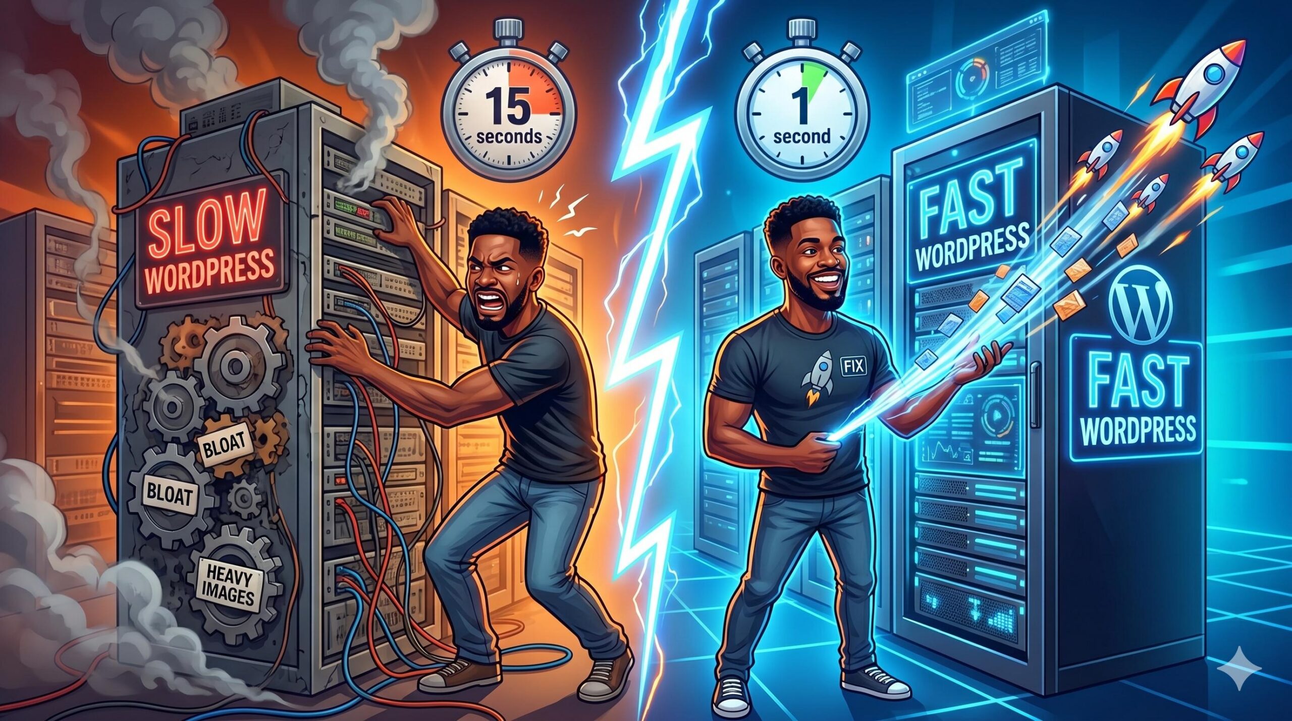 A dramatic transformation showing a bogged-down slow server next to a high-speed optimized WordPress setup.