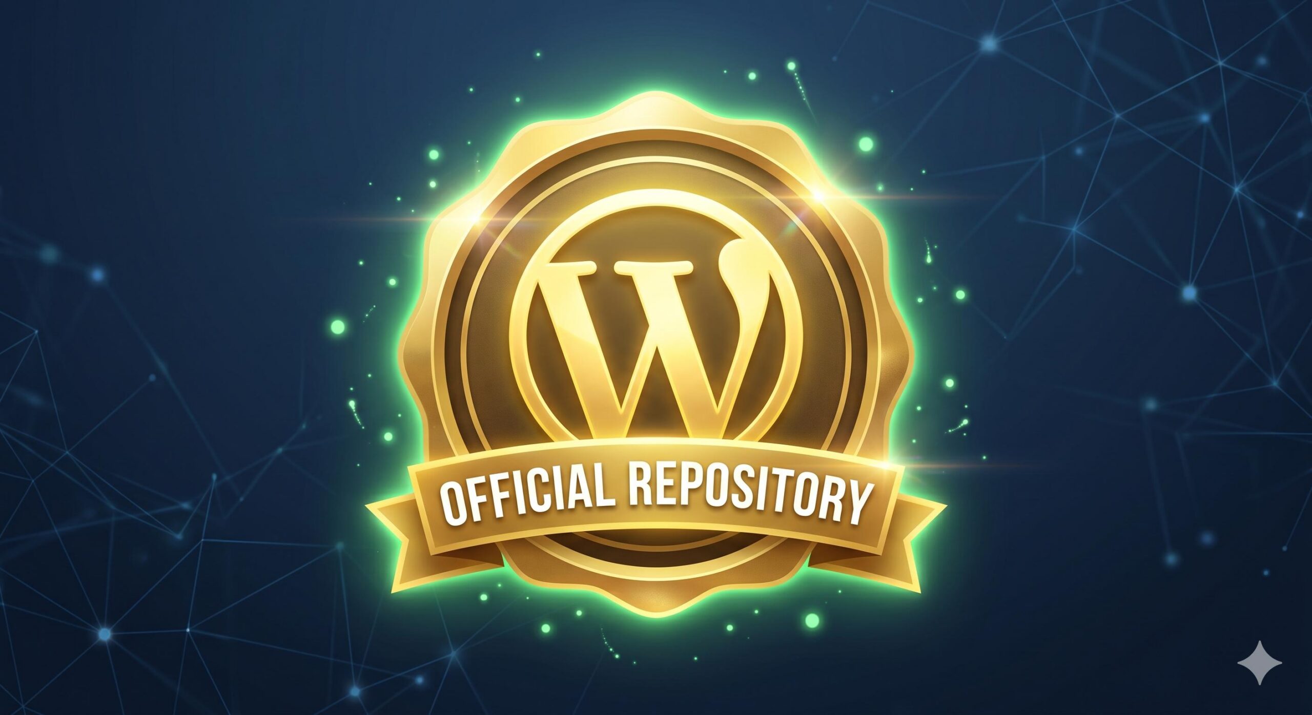 A glowing golden badge with the WordPress logo and 'Official Repository' text, symbolizing security.