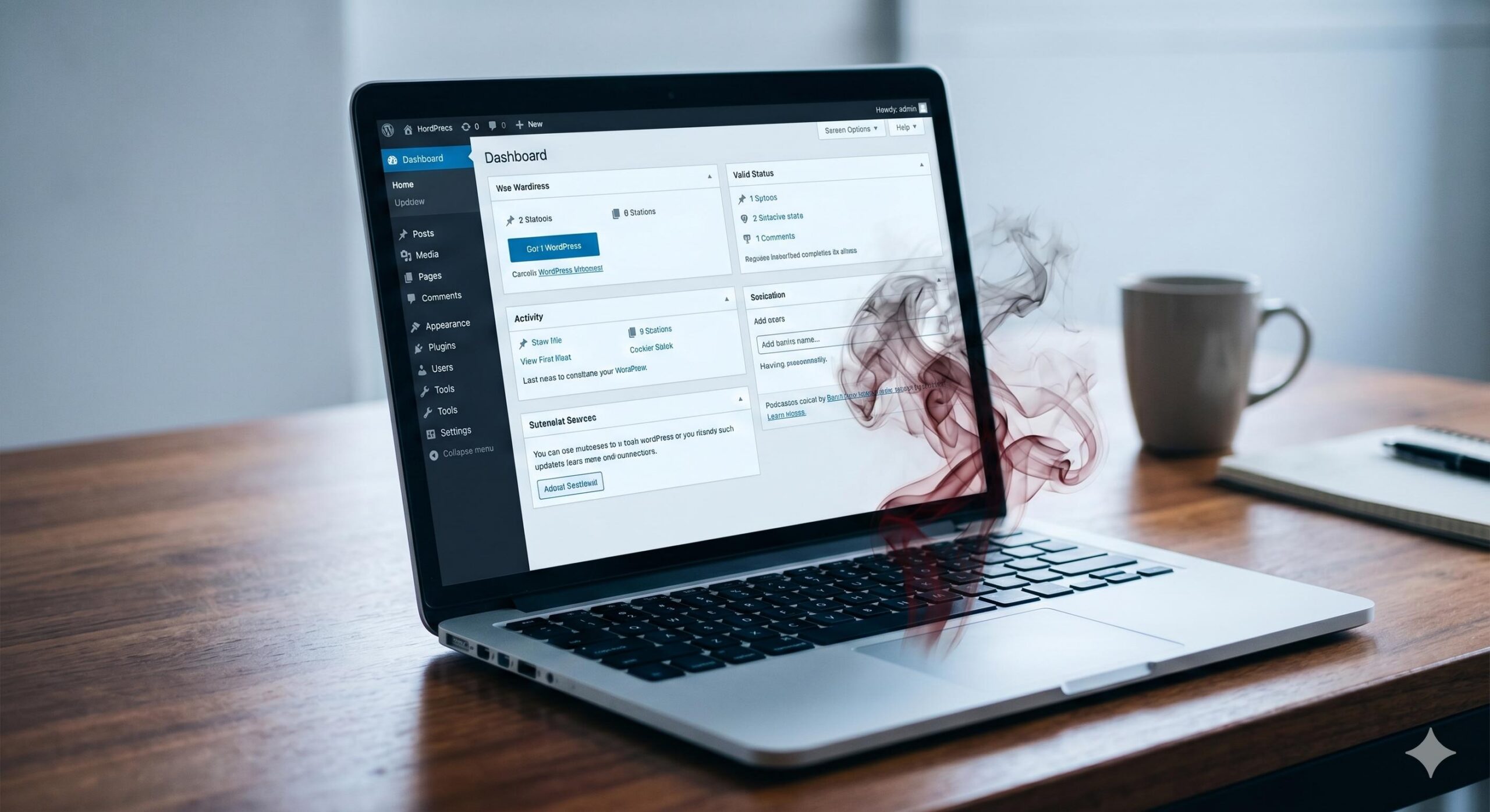 A laptop showing the WordPress dashboard with abstract red and black smoke symbolizing security threats
