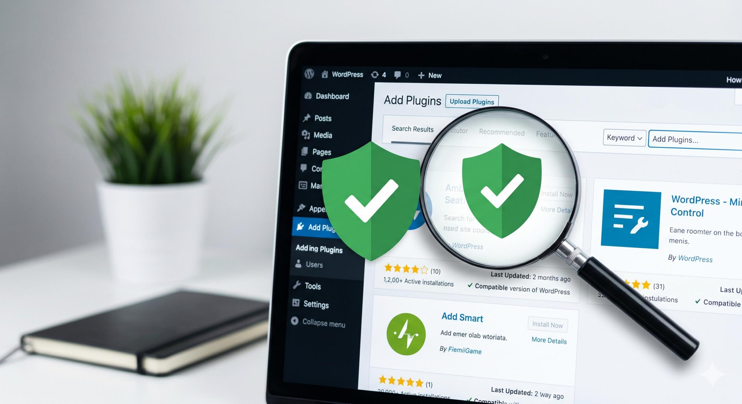 A magnifying glass verifying a WordPress plugin dashboard with a green safety shield.