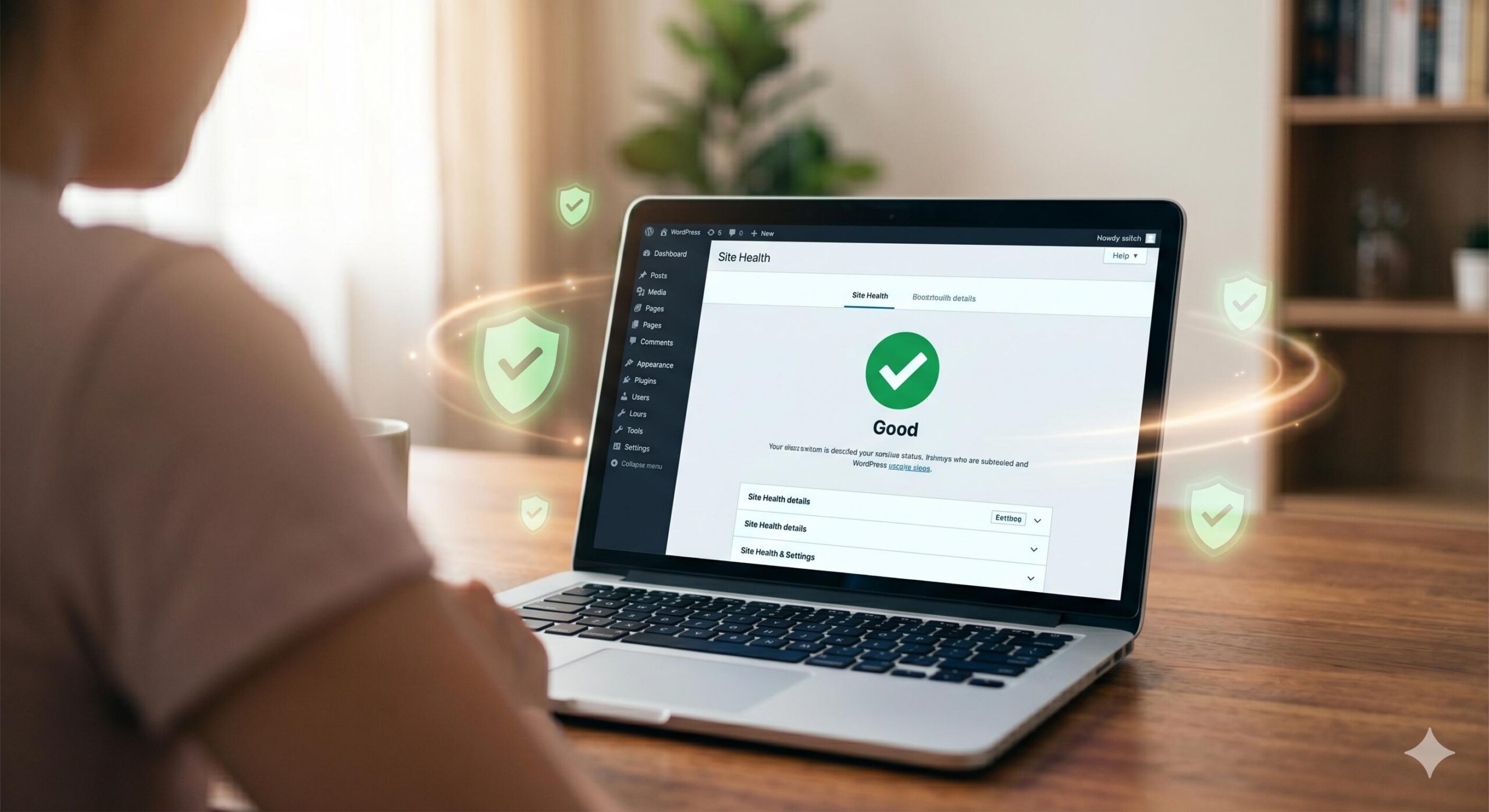 A photograph looking over a blogger's shoulder showing a green 'Good' Site Health status on a WordPress screen