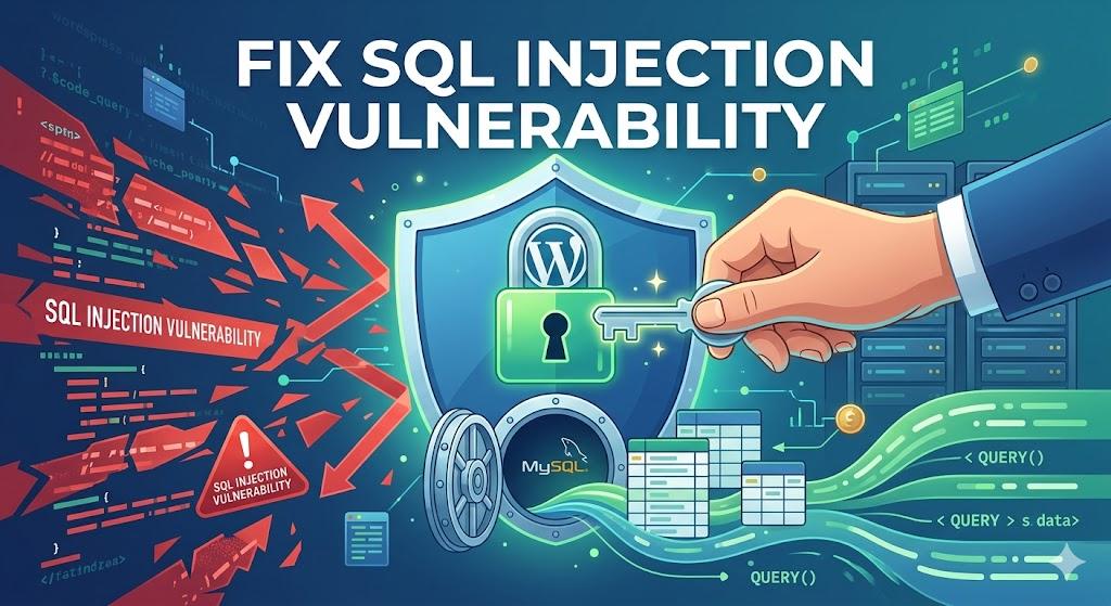 A secure WordPress logo shielded by a glowing blue lock and a hand applying a key, deflecting red SQL injection attack lines.