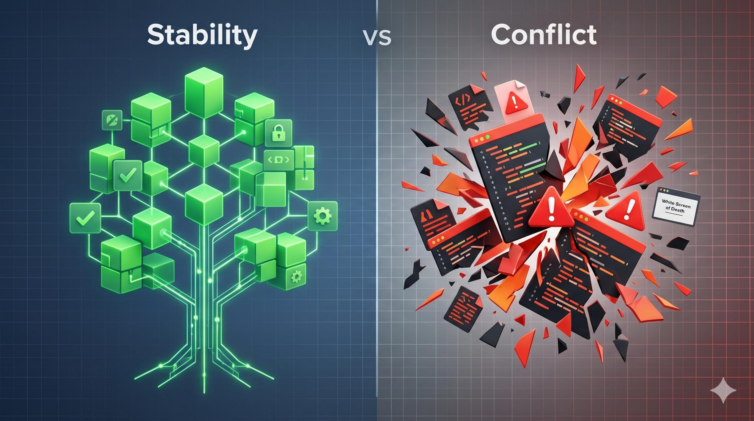 A split illustration showing stable green code structure vs. chaotic red software conflict.