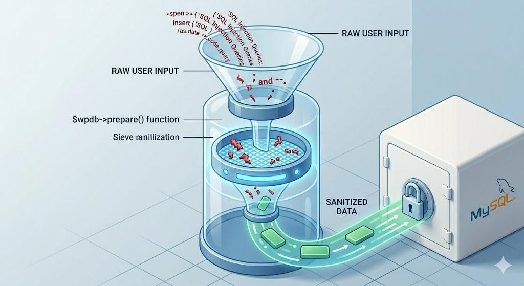 A stylized filter machine metaphor showing how the $wpdb-_prepare function sanitizes raw user input into safe data.
