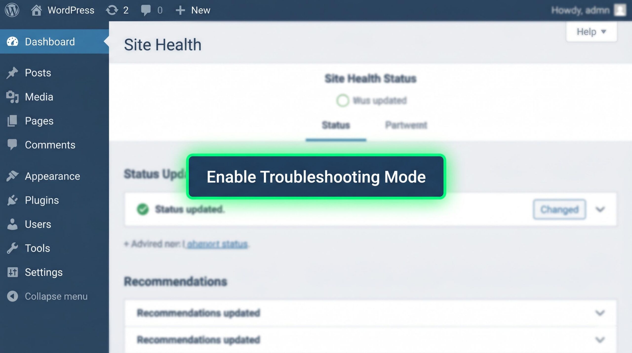 A stylized graphic of the WordPress dashboard, highlighting the button to 'Enable Troubleshooting Mode'.