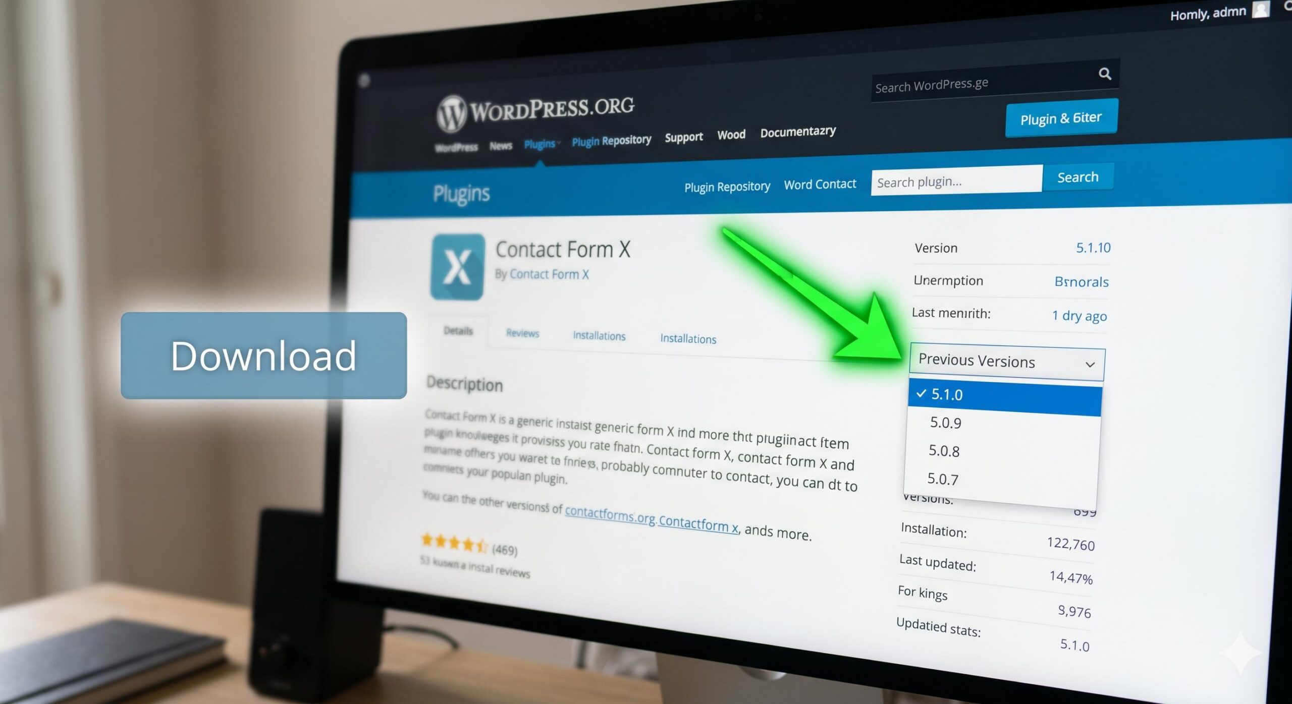 A view of the WordPress.org plugin page pointing specifically to the older versions dropdown.