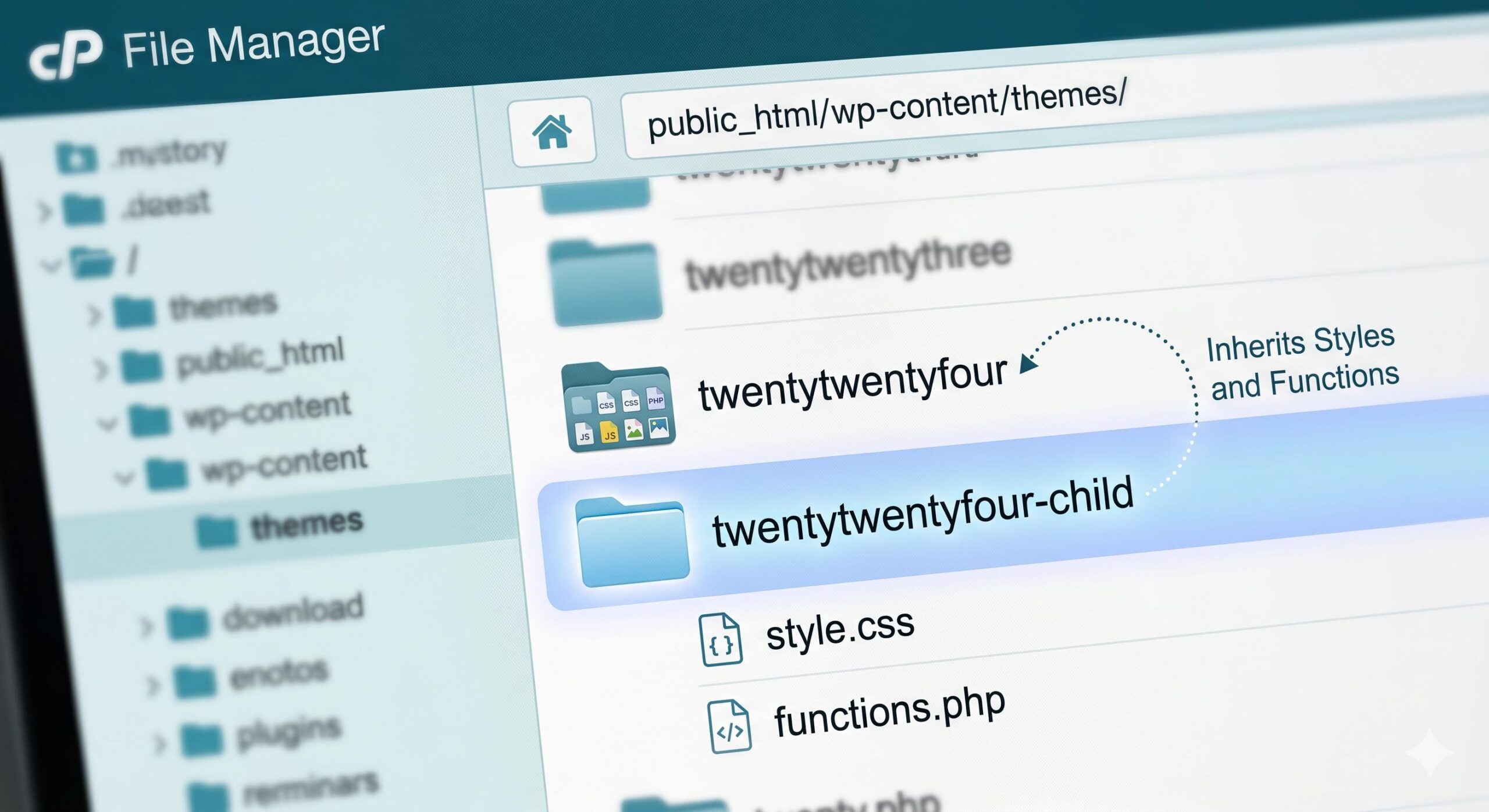A visual file explorer showing the relationship between the parent theme and the minimalist child theme folder.