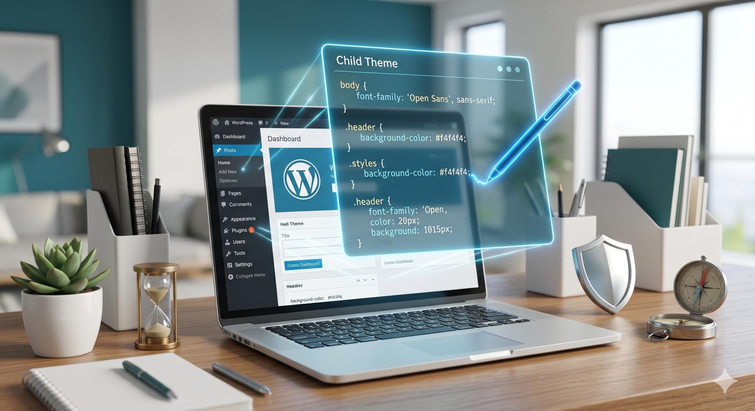 A visualization of a WordPress child theme being safely customized on a digital workbench.