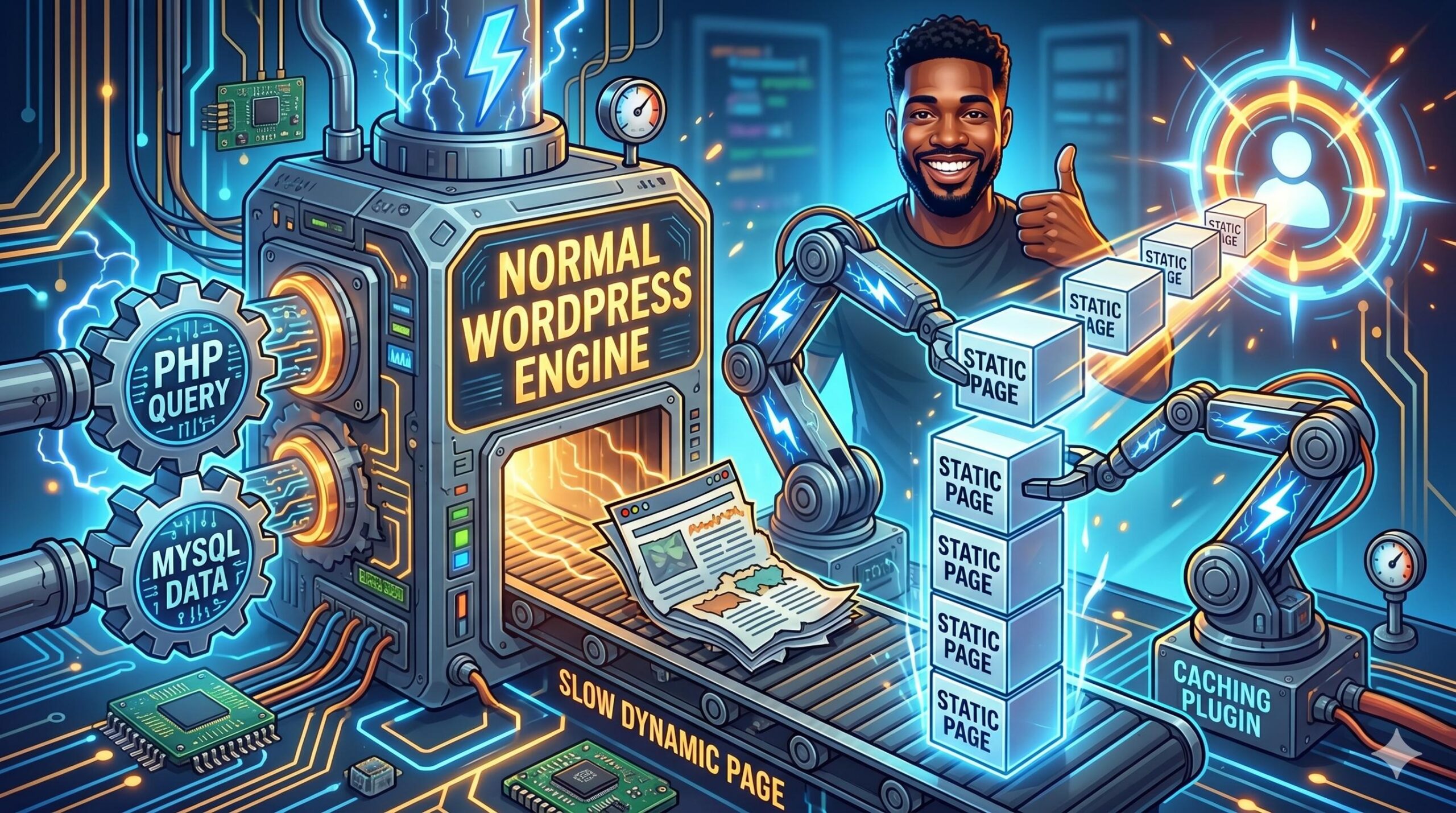 A visualized robotic assembly line where a caching plugin pre-builds static pages for immediate speed.
