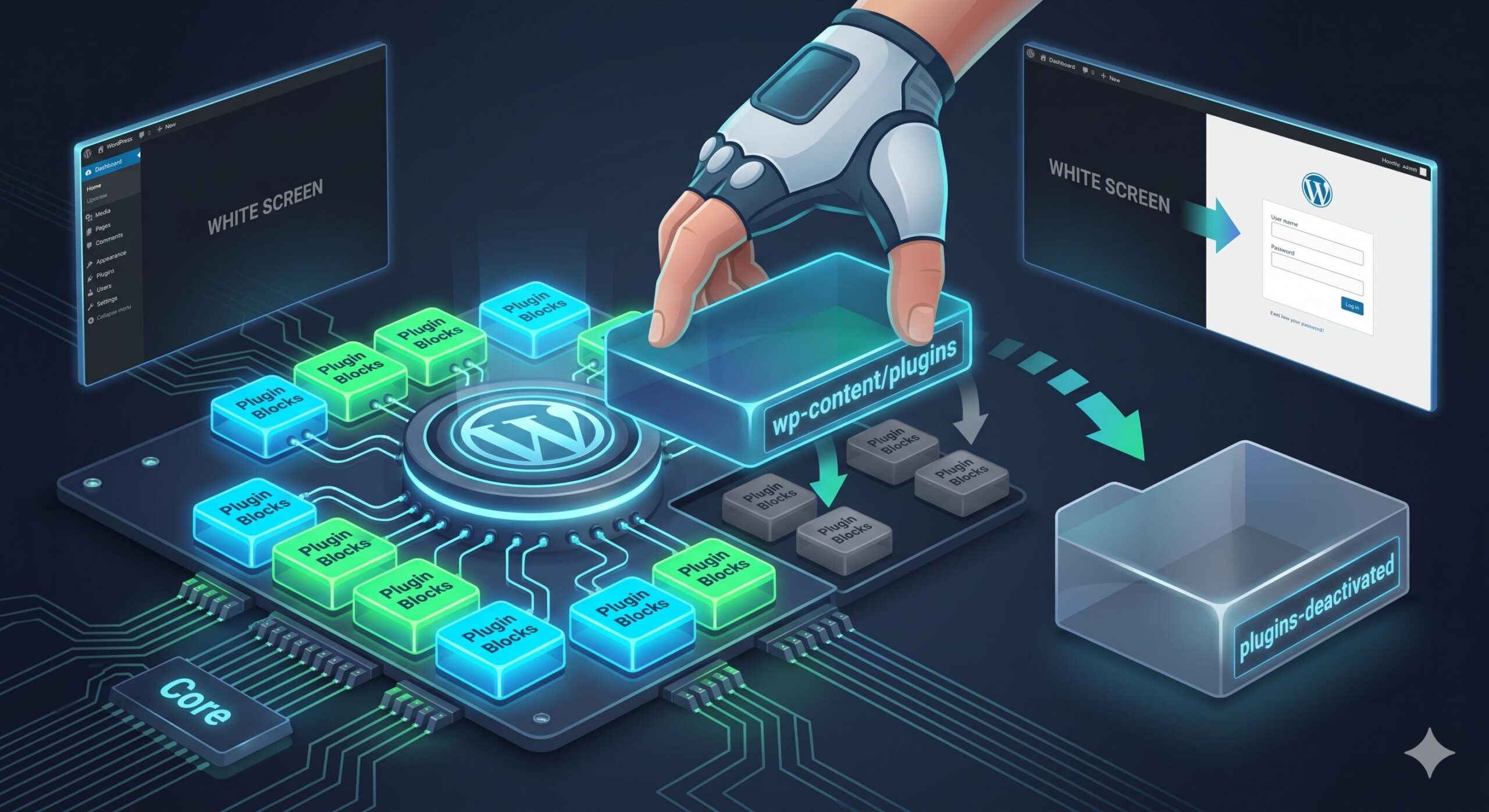 An illustrated visual for Method 2, showing a hand lifting the entire generic _plugins_ folder, causing dozens of connected plugins on the site core to power down instantly