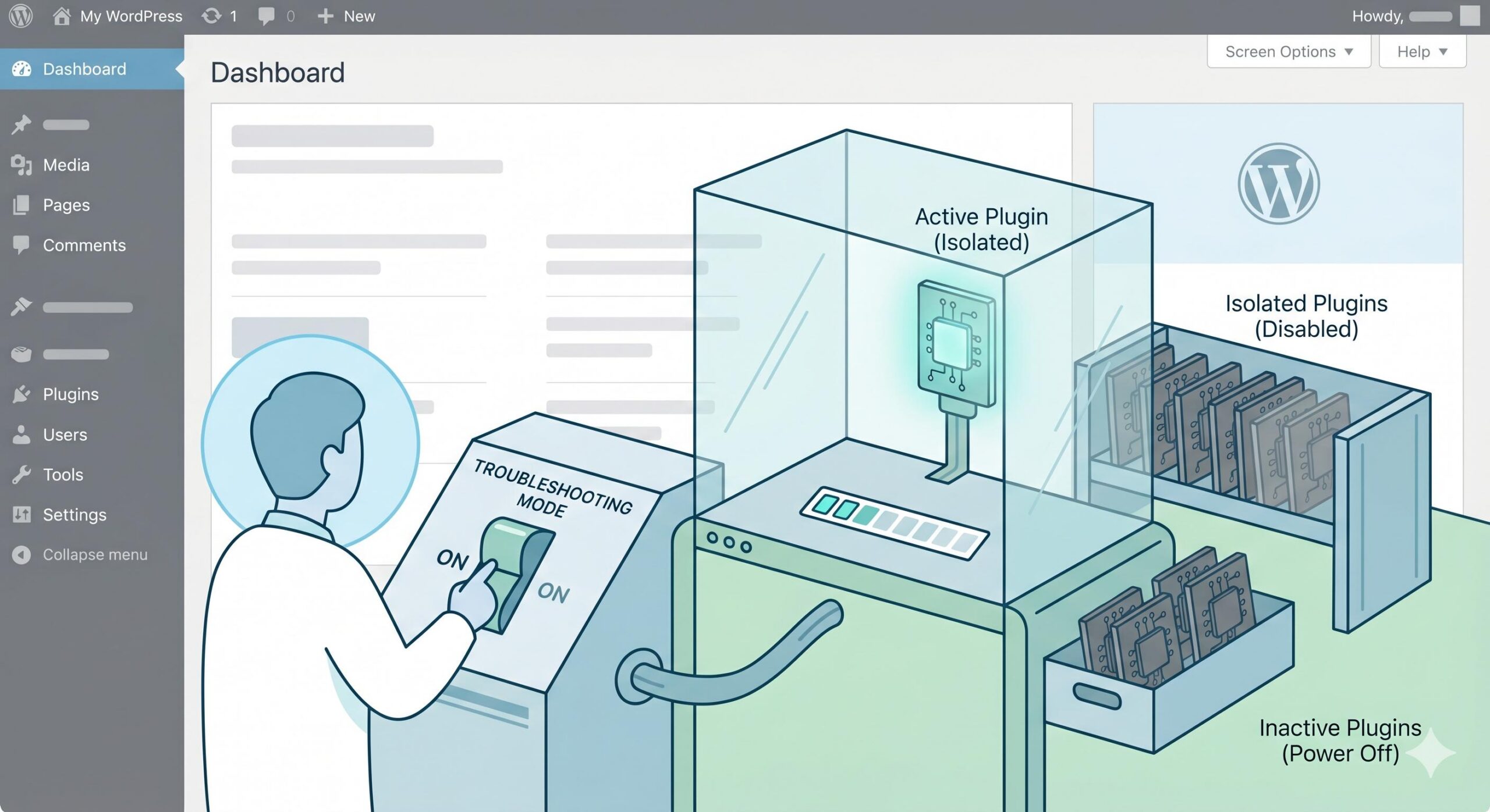 An illustrated visualization of Method 1, showing a single glowing plugin isolated in a safe virtual test bench within the WordPress dashboard, while other plugins sit deactivated