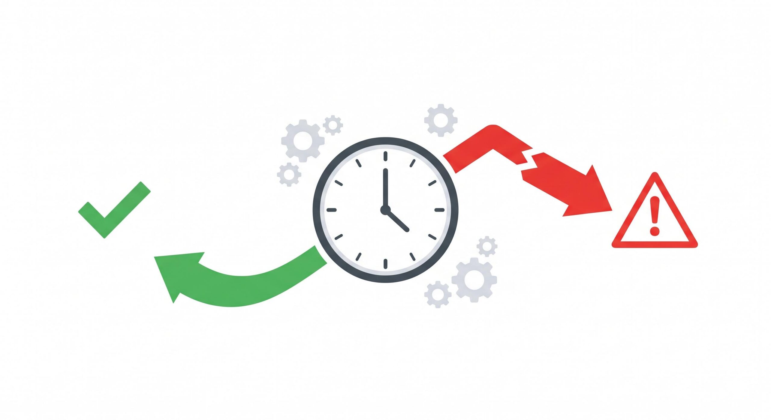 An infographic clock showing recent updates (green checkmark) vs. multi-year neglect (red warning).
