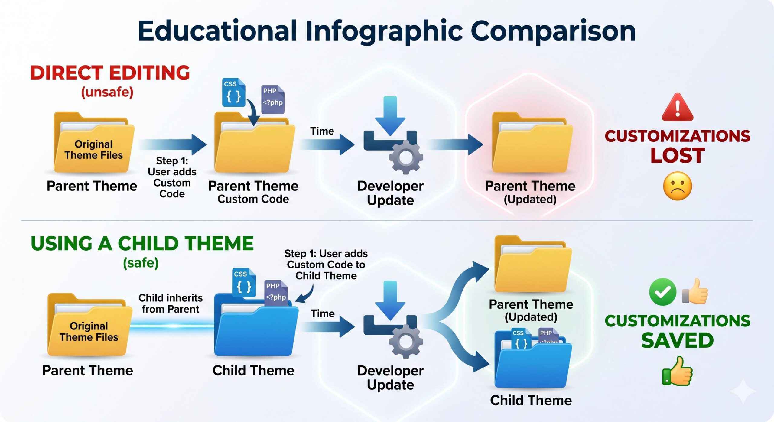 An infographic comparing how theme updates erase direct edits vs. preserving child theme modifications.