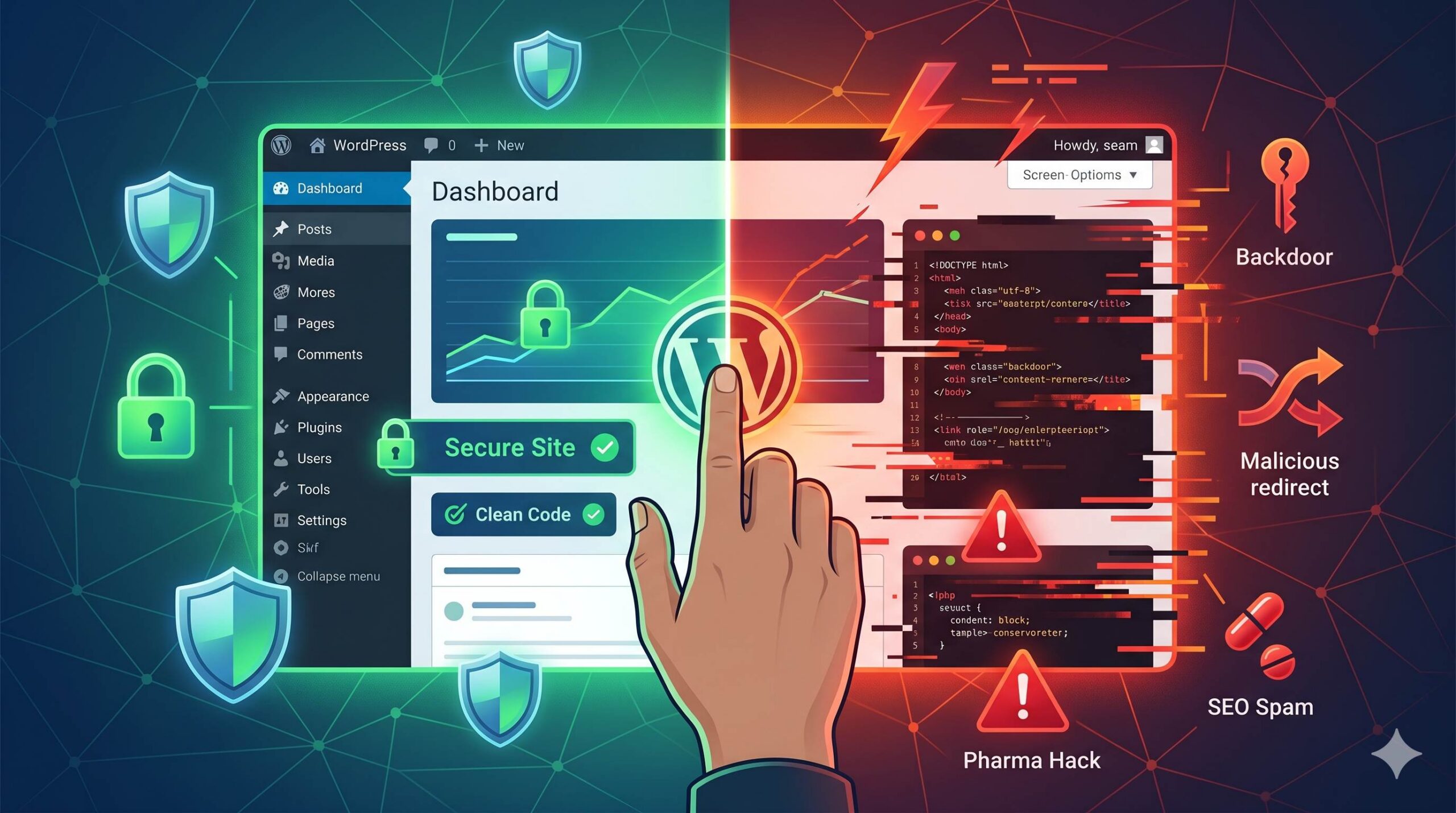 An infographic panel visually explaining common types of malware in WordPress, including backdoors, malicious redirects, SEO spam, and ransomware.