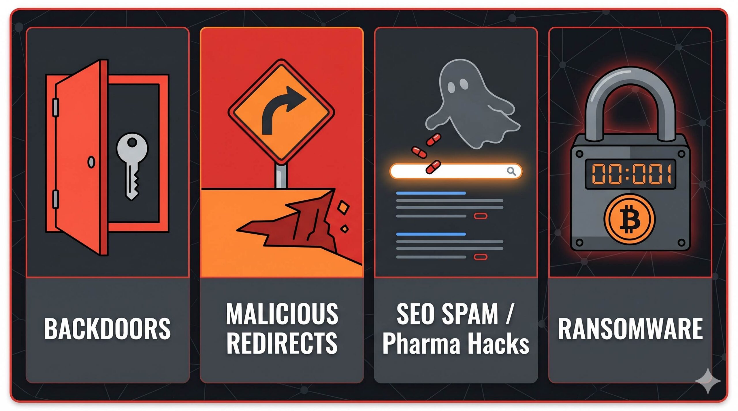 An infographic panel visually explaining common types of malware in WordPress, including backdoors, malicious redirects, SEO spam, and ransomware. (1)