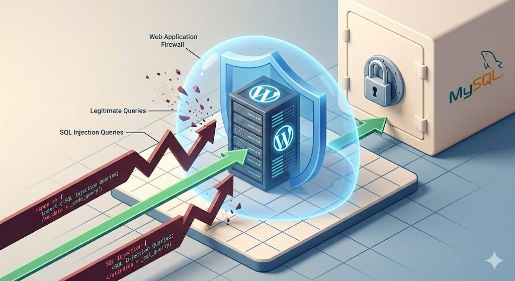 An isometric view of a WordPress server protected by a force field actively filtering malicious SQL queries.