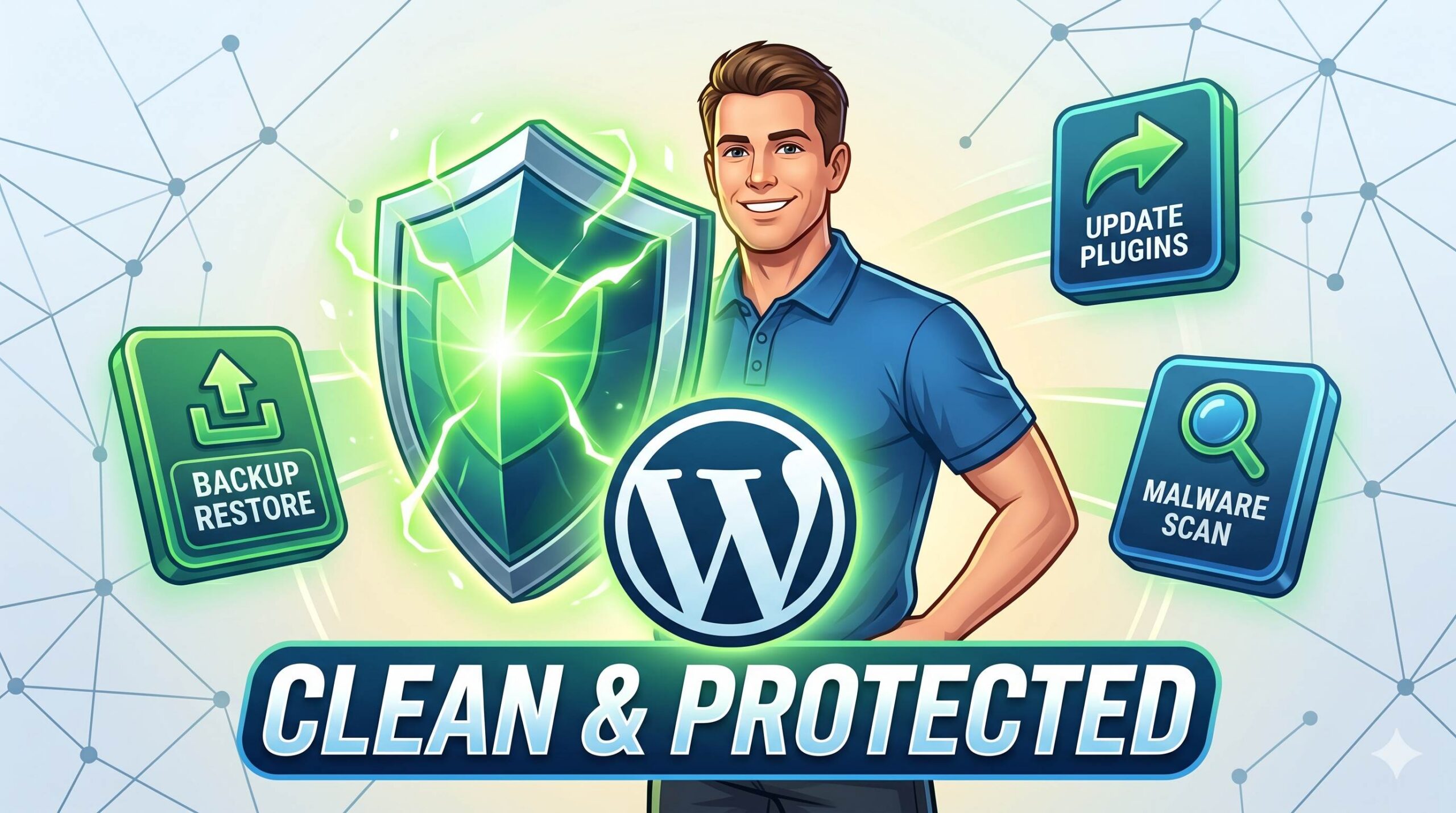 An optimistic illustration of a site administrator holding a glowing green security shield, surrounded by icons for backups, updates, and scanners to fix types of malware.