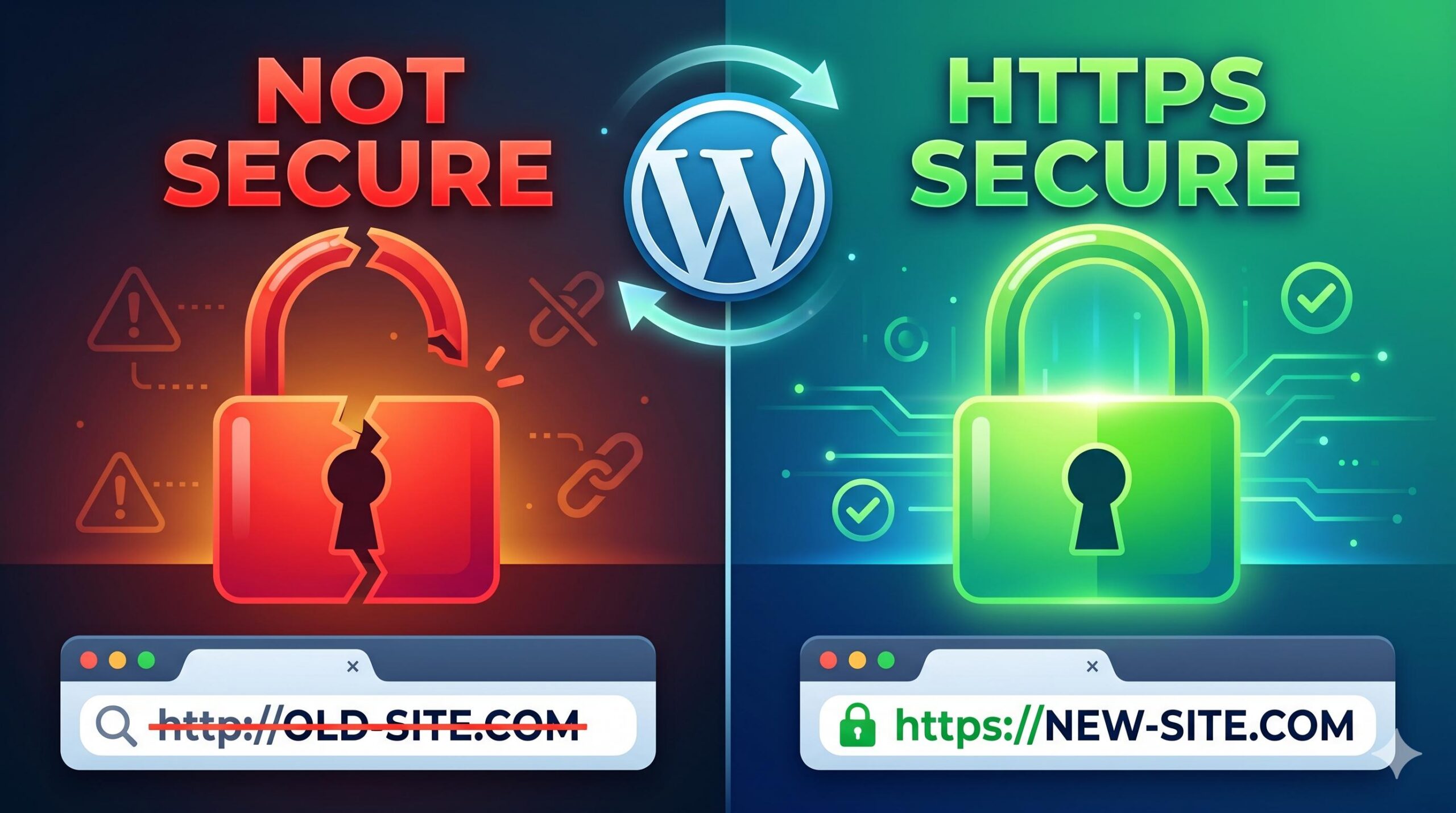 Broken SSL on OLD-SITE.COM vs Secure HTTPS on NEW-SITE.COM after WordPress migration.