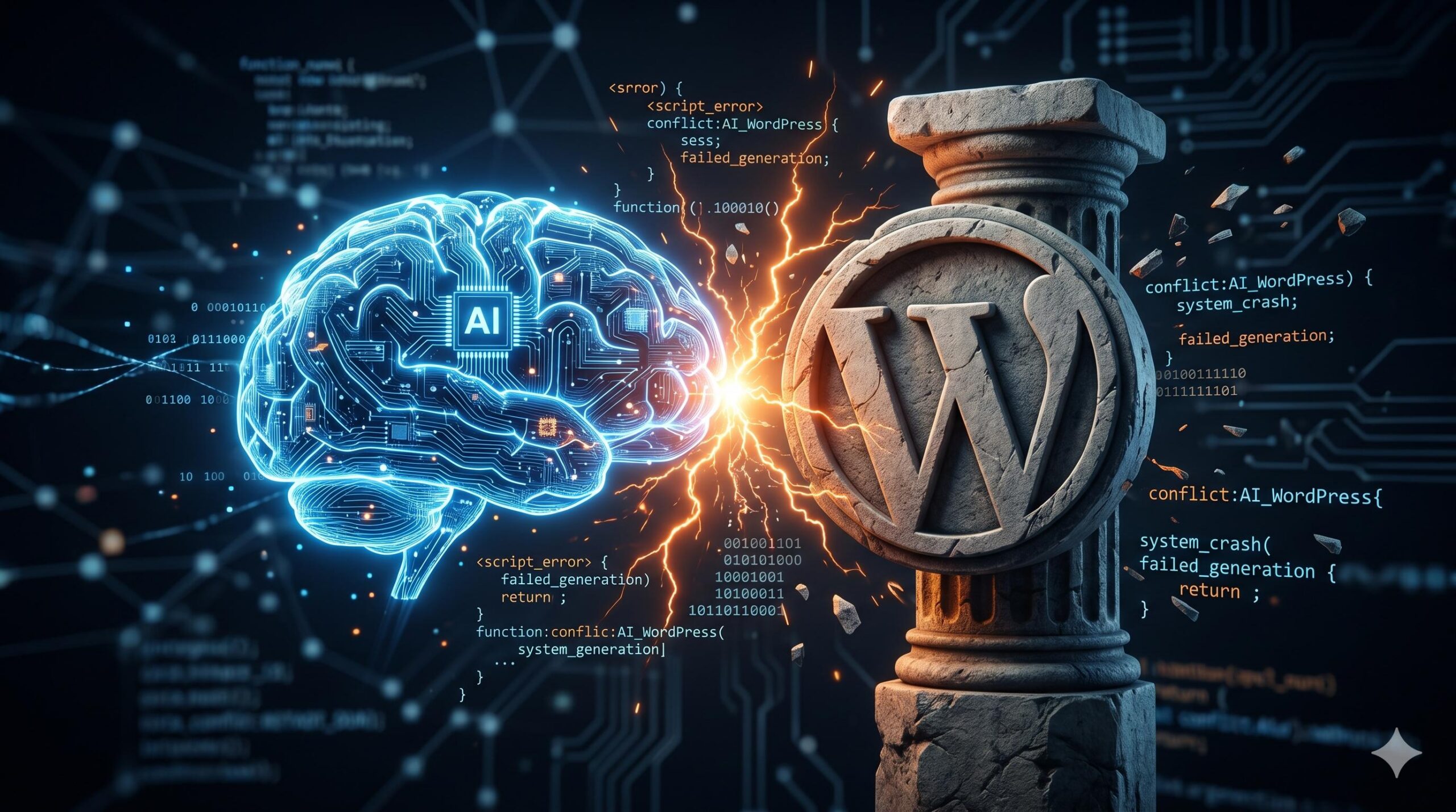 Cinematic 3D illustration of an AI brain clashing with the WordPress logo, emitting digital sparks.