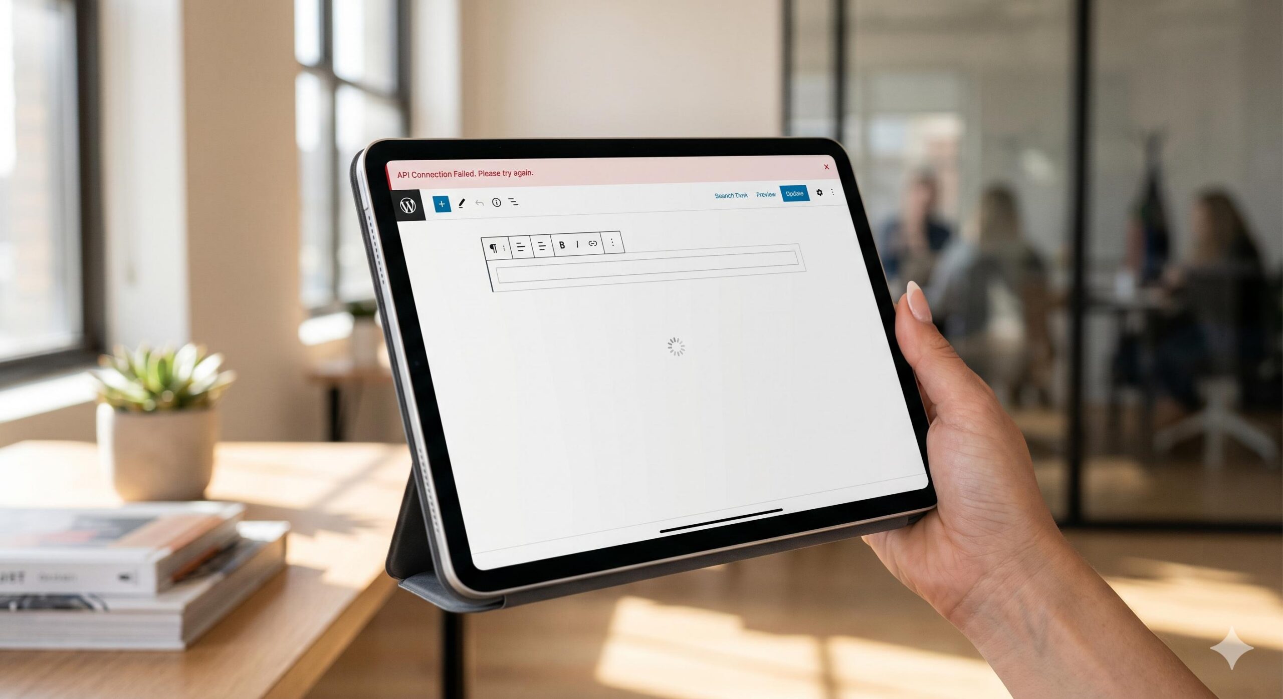 Close-up photo of a tablet displaying a frozen WordPress editor with an _AI Connection Failed_ error message.