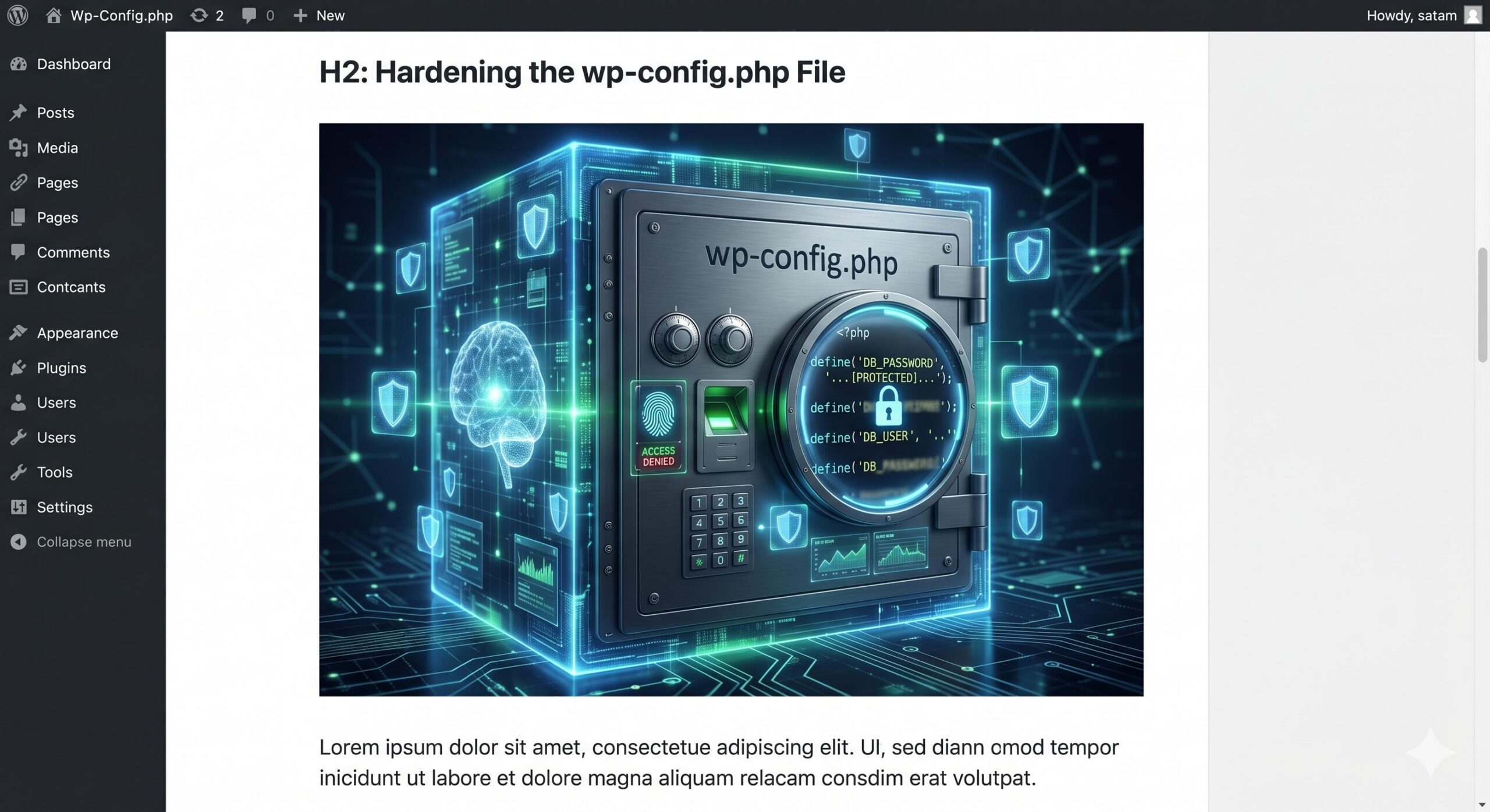 Conceptual illustration of the WordPress wp-config.php file protected like a secure vault.