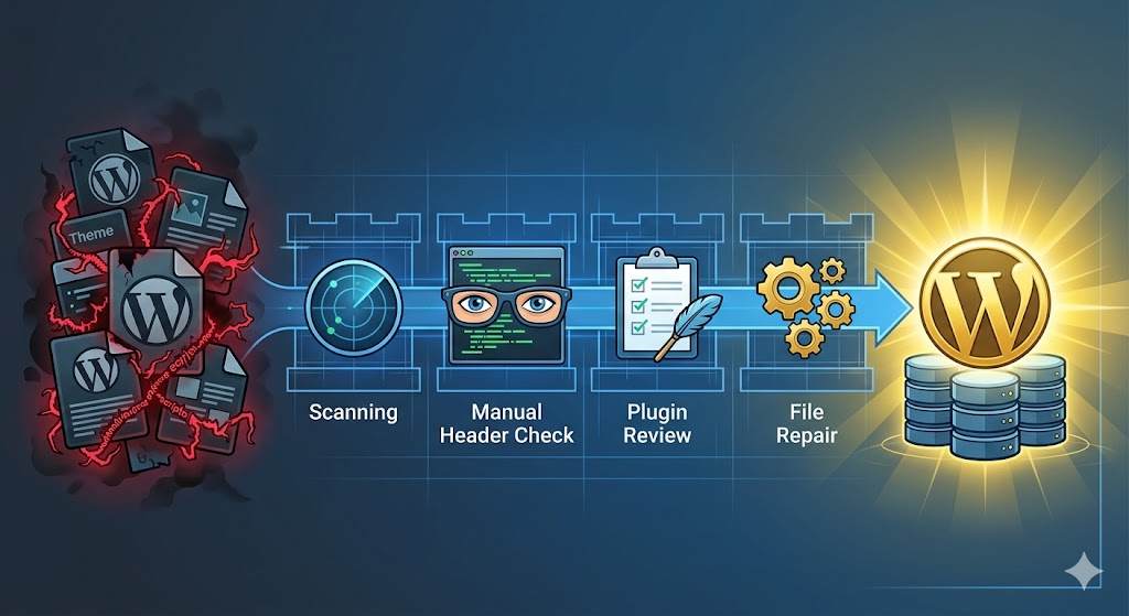 Conceptual illustration showing the progression from infected site files to a secured WordPress site.
