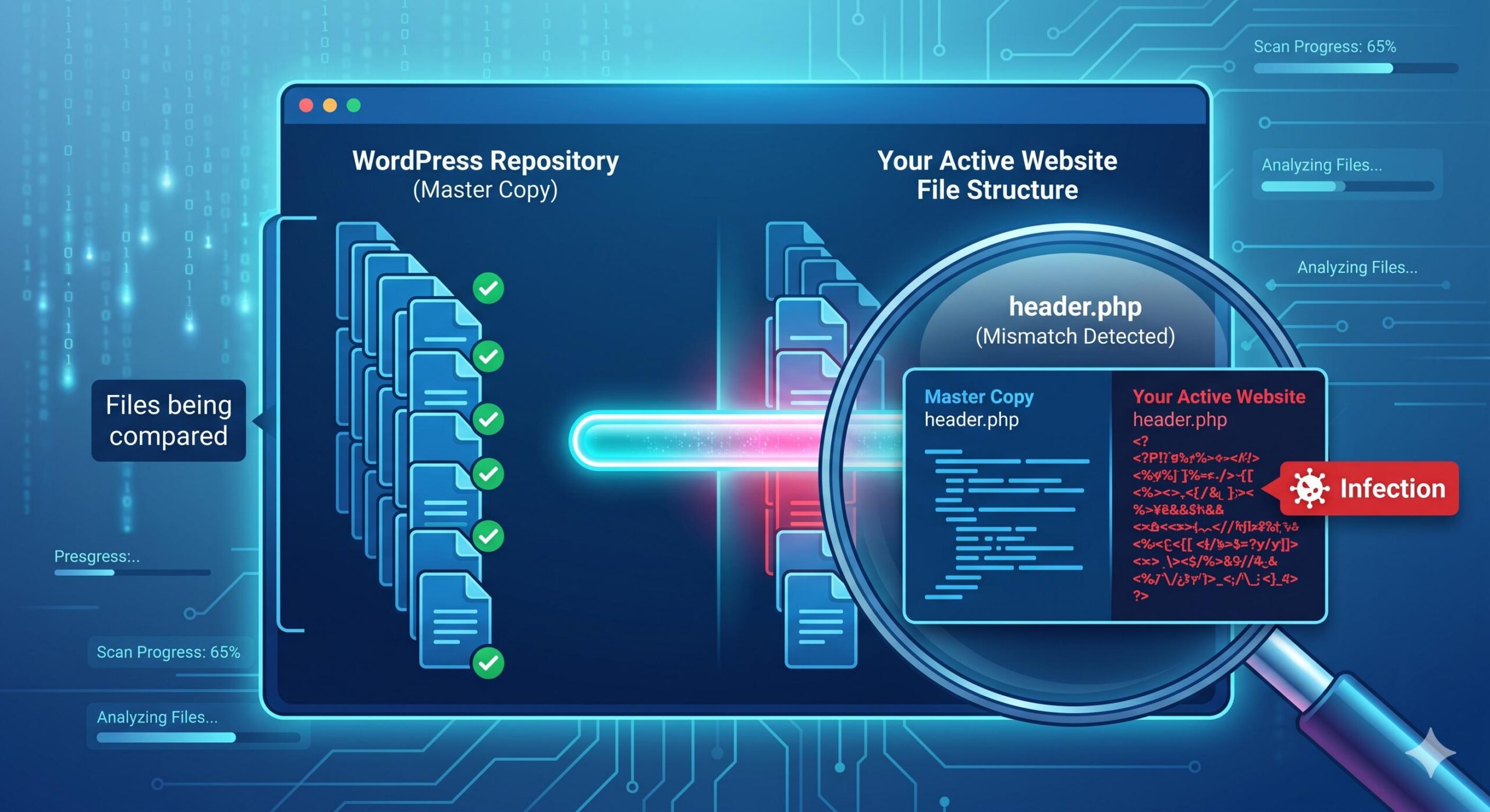 Diagram showing a security plugin comparing current files against a clean master copy.