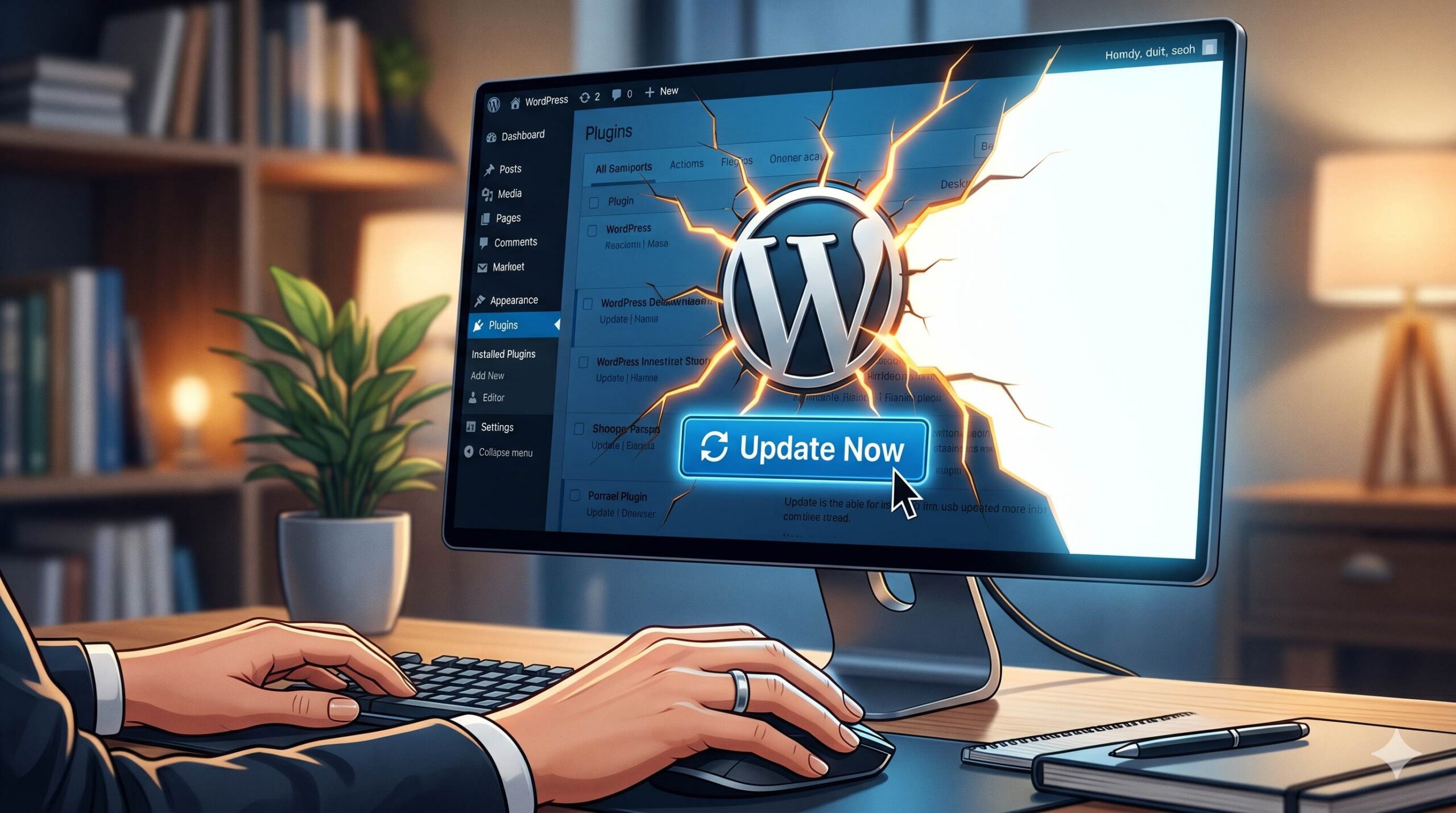 Digital illustration of a WordPress update button causing a screen crash.