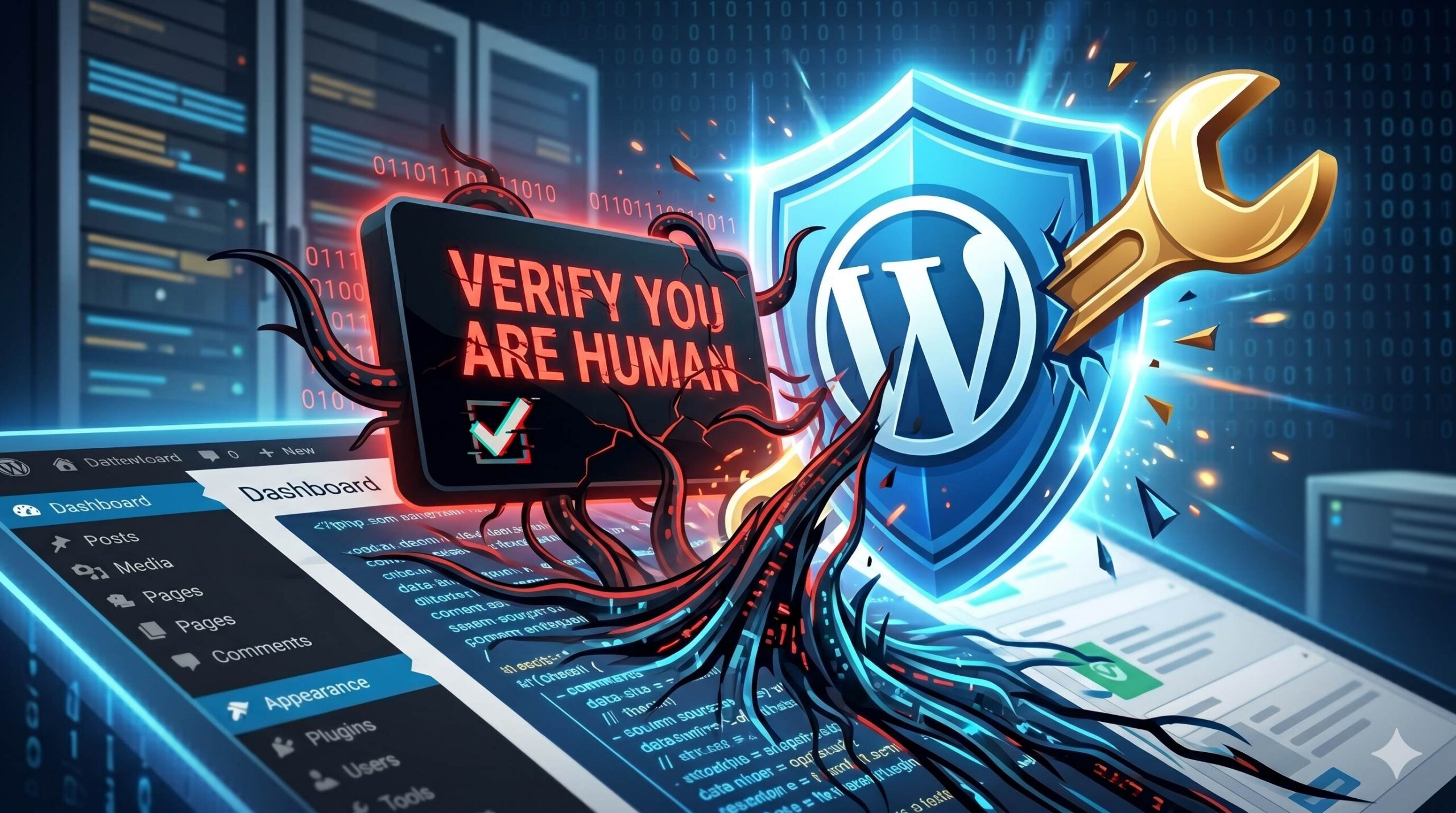 Dramatic visualization of malware hijacking a WordPress site versus security tools arriving to fix it.