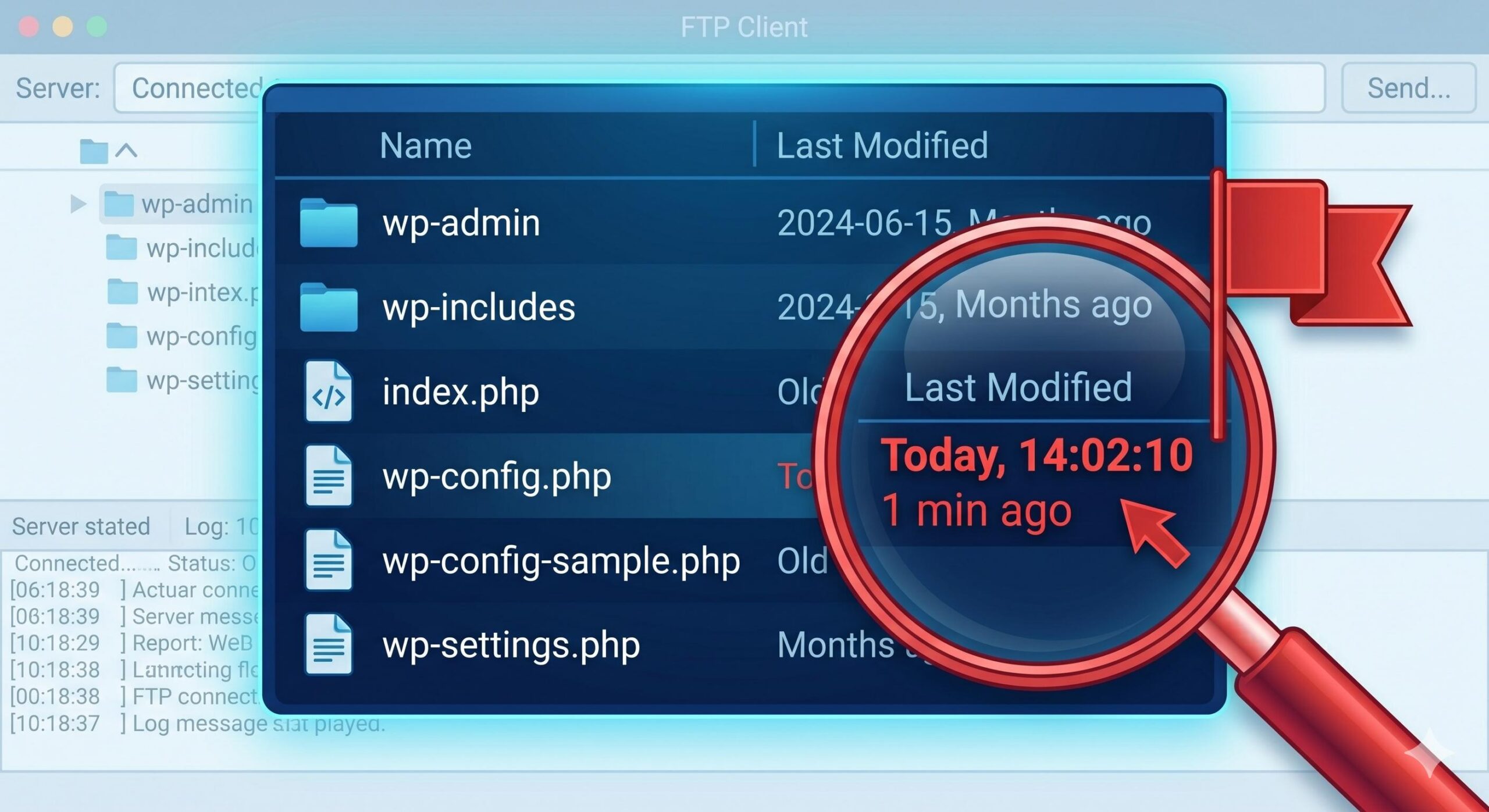 FTP client view highlighting a suspicious modification date on a core file.